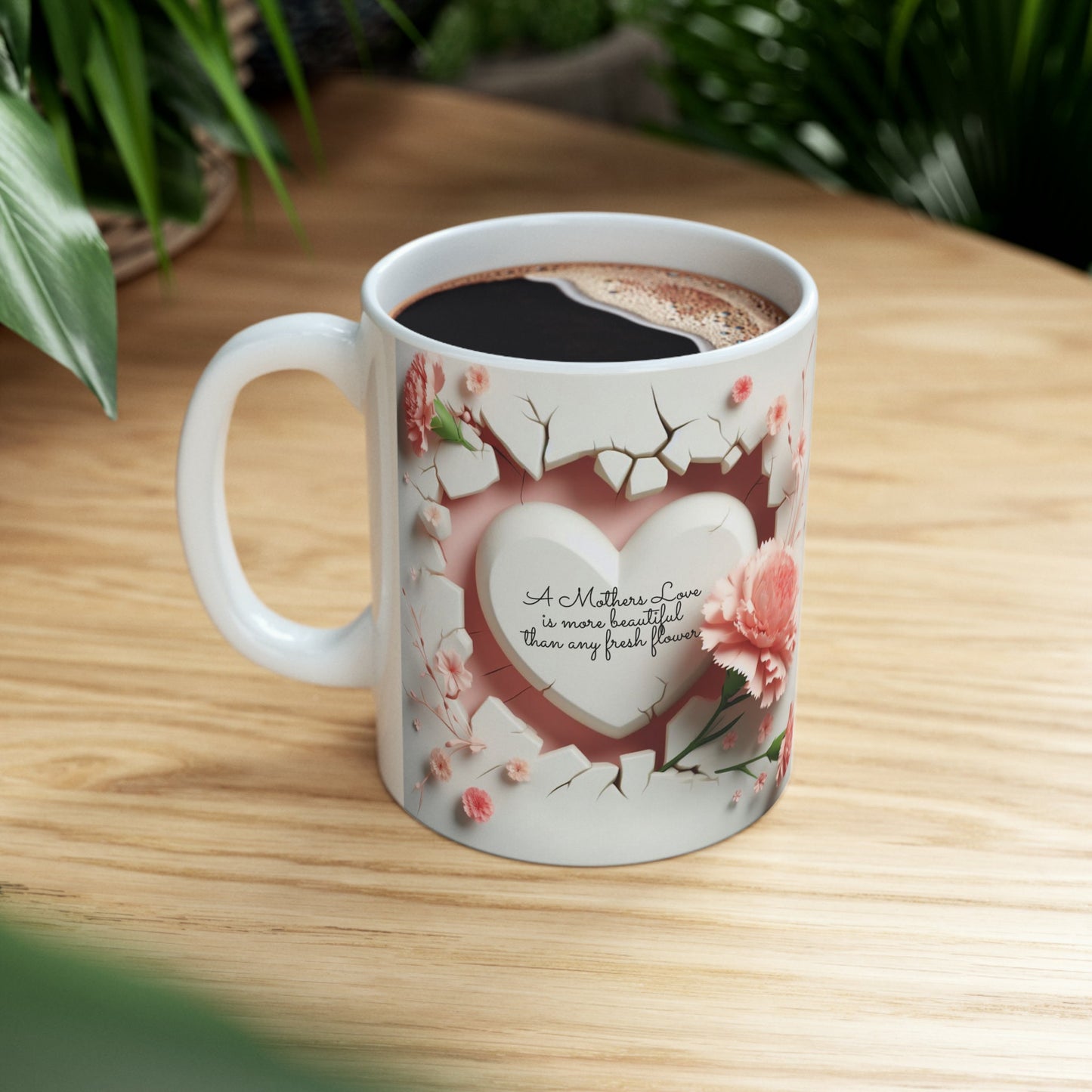 Ceramic Mug, 11oz, beautiful 3D Mothers Day Mug, Carnation pink coffee mug, Stylish Modern mug for Mom, great Mother's Day gift