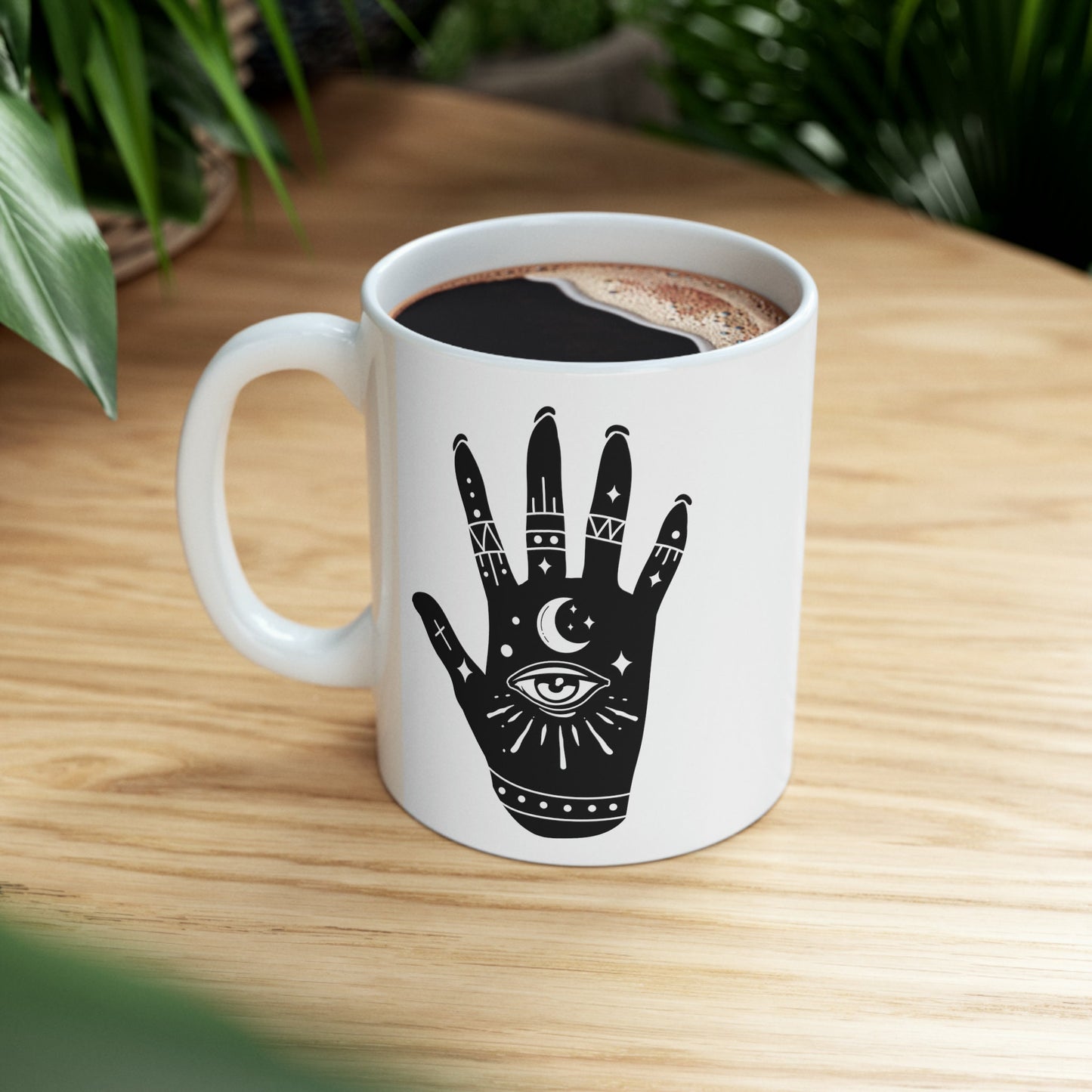 Celestial Ceramic Mug 11oz | Moon on Hand Astrological Design | Mystical & Lucky Coffee Tea Cup | Psychic Kitchen Mug | Celestial Coffee Mug