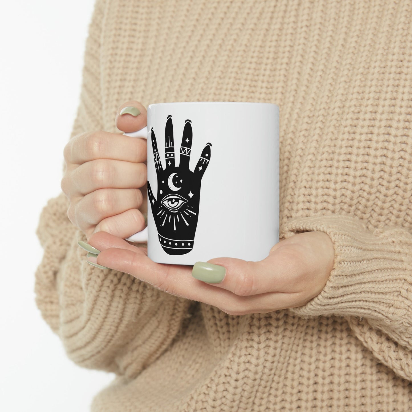 Celestial Ceramic Mug 11oz | Moon on Hand Astrological Design | Mystical & Lucky Coffee Tea Cup | Psychic Kitchen Mug | Celestial Coffee Mug