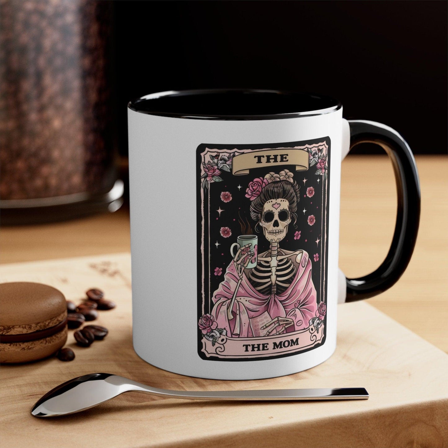 Accent Coffee Mug, 11oz, Mom Tarot Coffee psychic card Momma Day beverage Skeleton pink black tea novelty gift mug