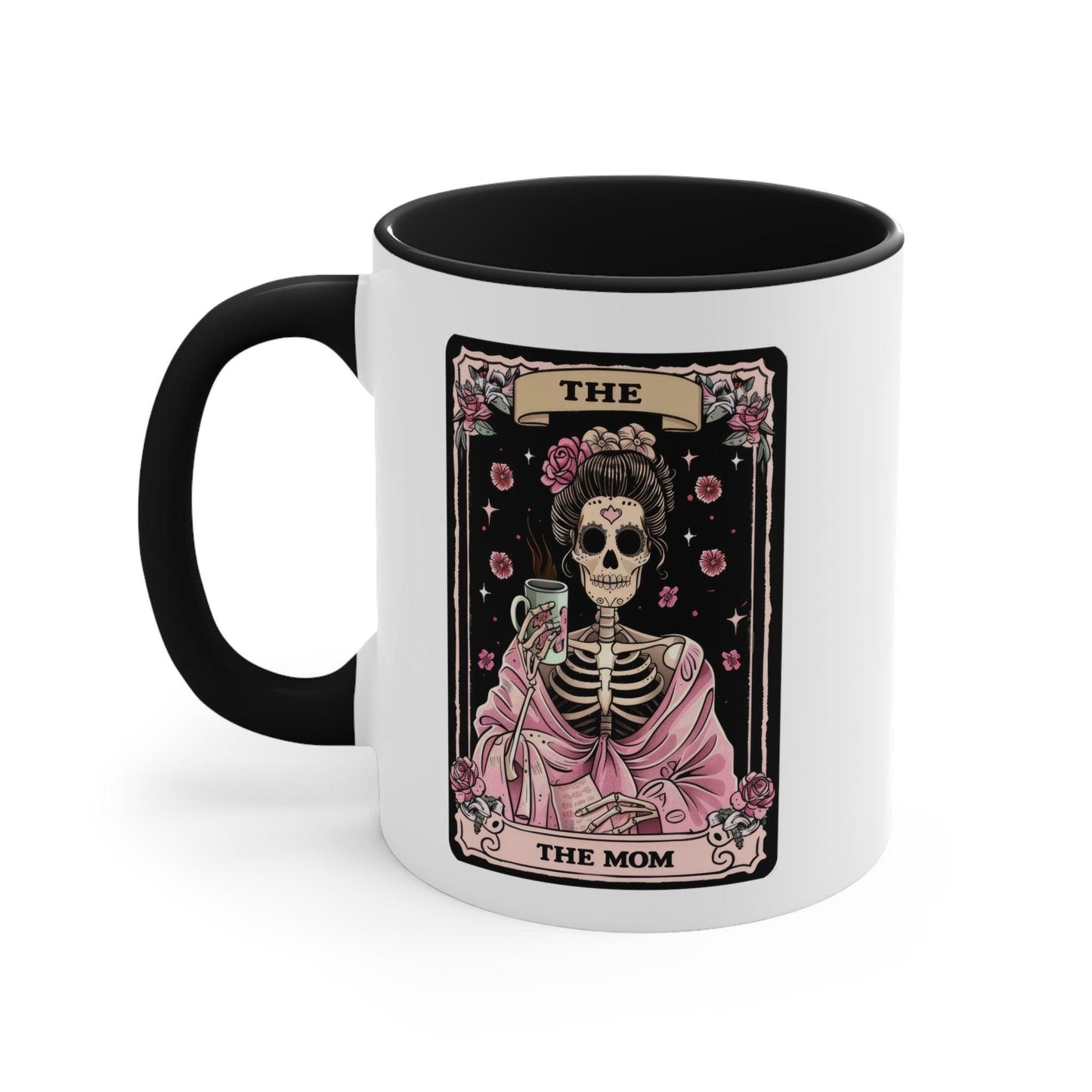 Accent Coffee Mug, 11oz, Mom Tarot Coffee psychic card Momma Day beverage Skeleton pink black tea novelty gift mug