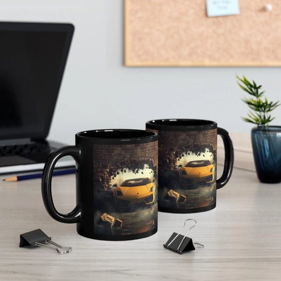 Black Mug (11oz, 15oz), Yellow Lamborghini exotic luxury fancy car custom portrait art design beverage cup