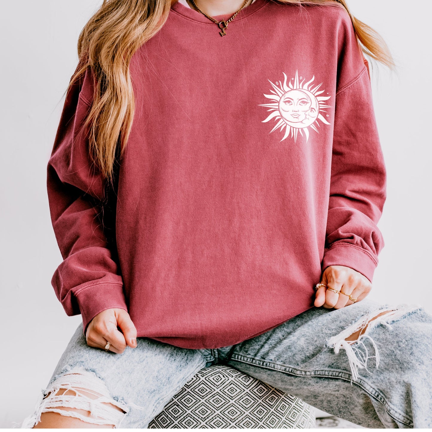 Unisex Lightweight Crewneck Sweatshirt, Sun Moon Tarot soft cozy casual everyday jeans celestial psychic realm inspired jean sweatshirt
