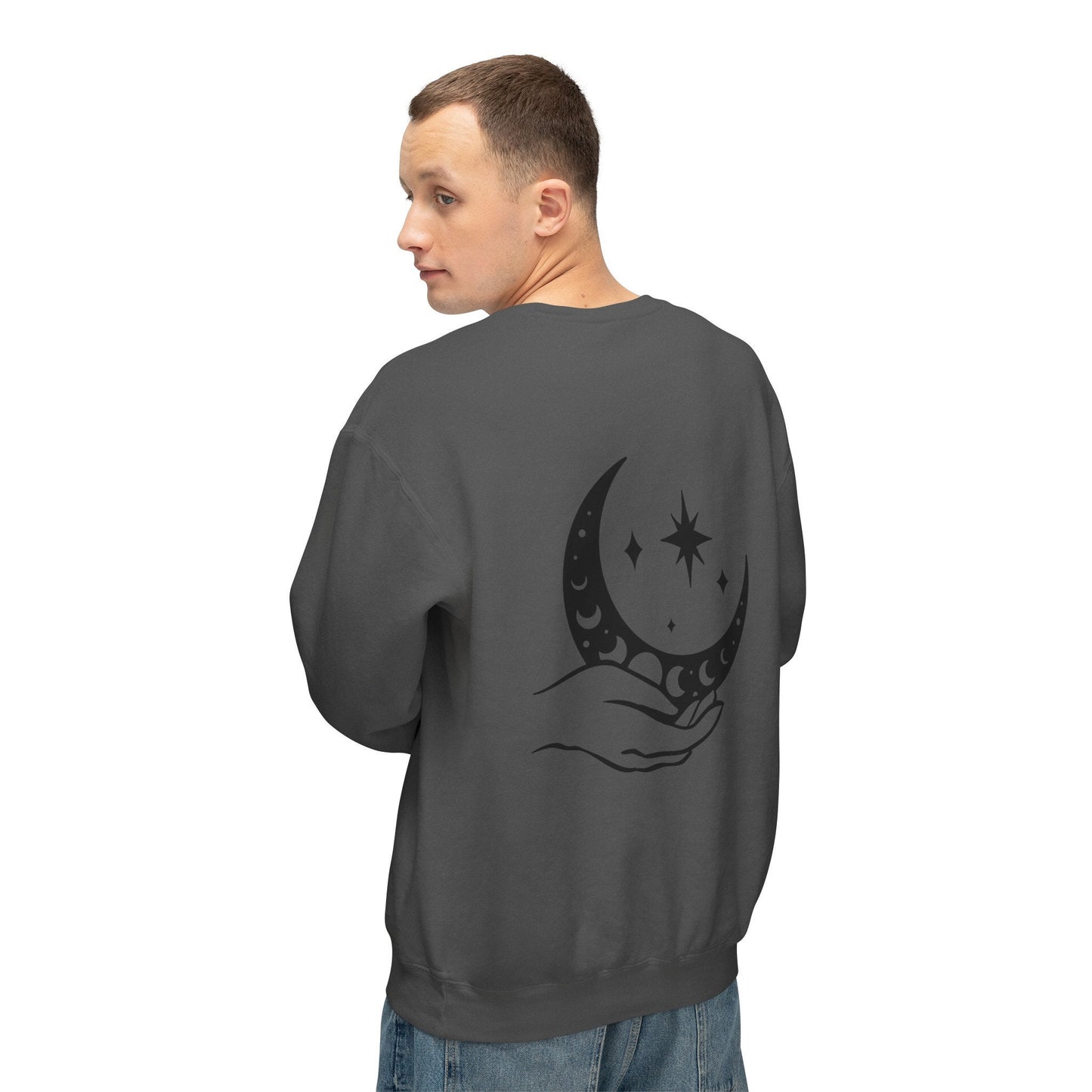 Celestial Lightweight Crewneck Sweatshirt, Moon Hand Astrology Sign, Mystical Cozy Shirt, Unisex Sweatshirt