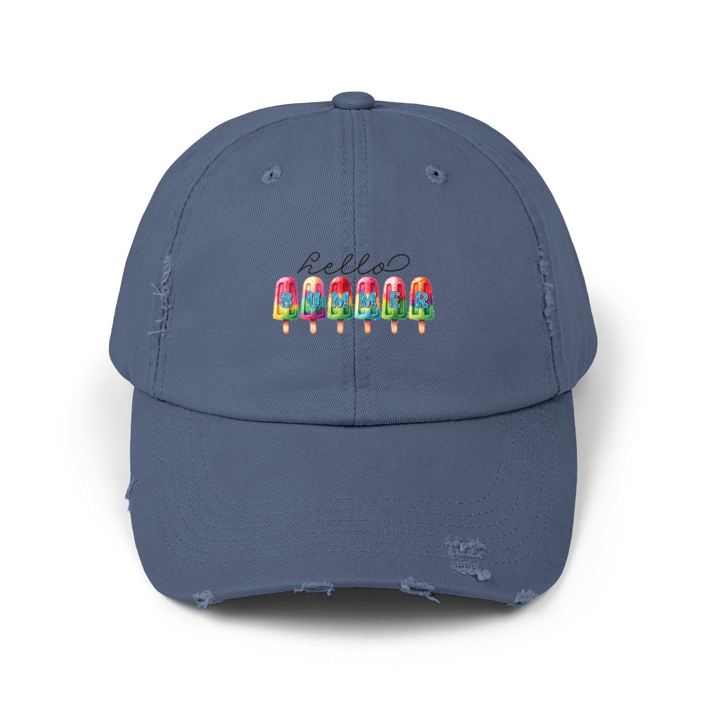 Unisex Distressed Cap, hello summer novelty colorful head cap, daily casual hair cap, Summer Golfing Hat, Everyday casual wear