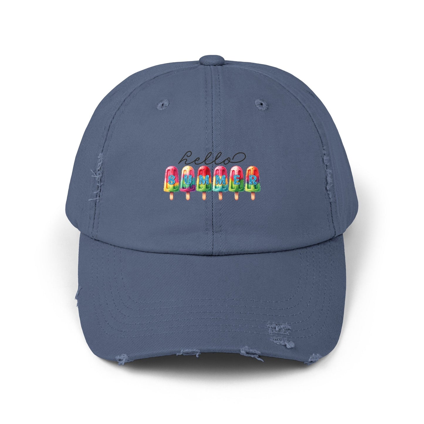 Unisex Distressed Cap, hello summer novelty colorful head cap, daily casual hair cap, Summer Golfing Hat, Everyday casual wear