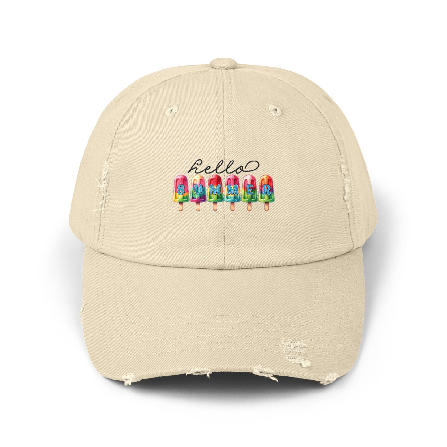 Unisex Distressed Cap, hello summer novelty colorful head cap, daily casual hair cap, Summer Golfing Hat, Everyday casual wear