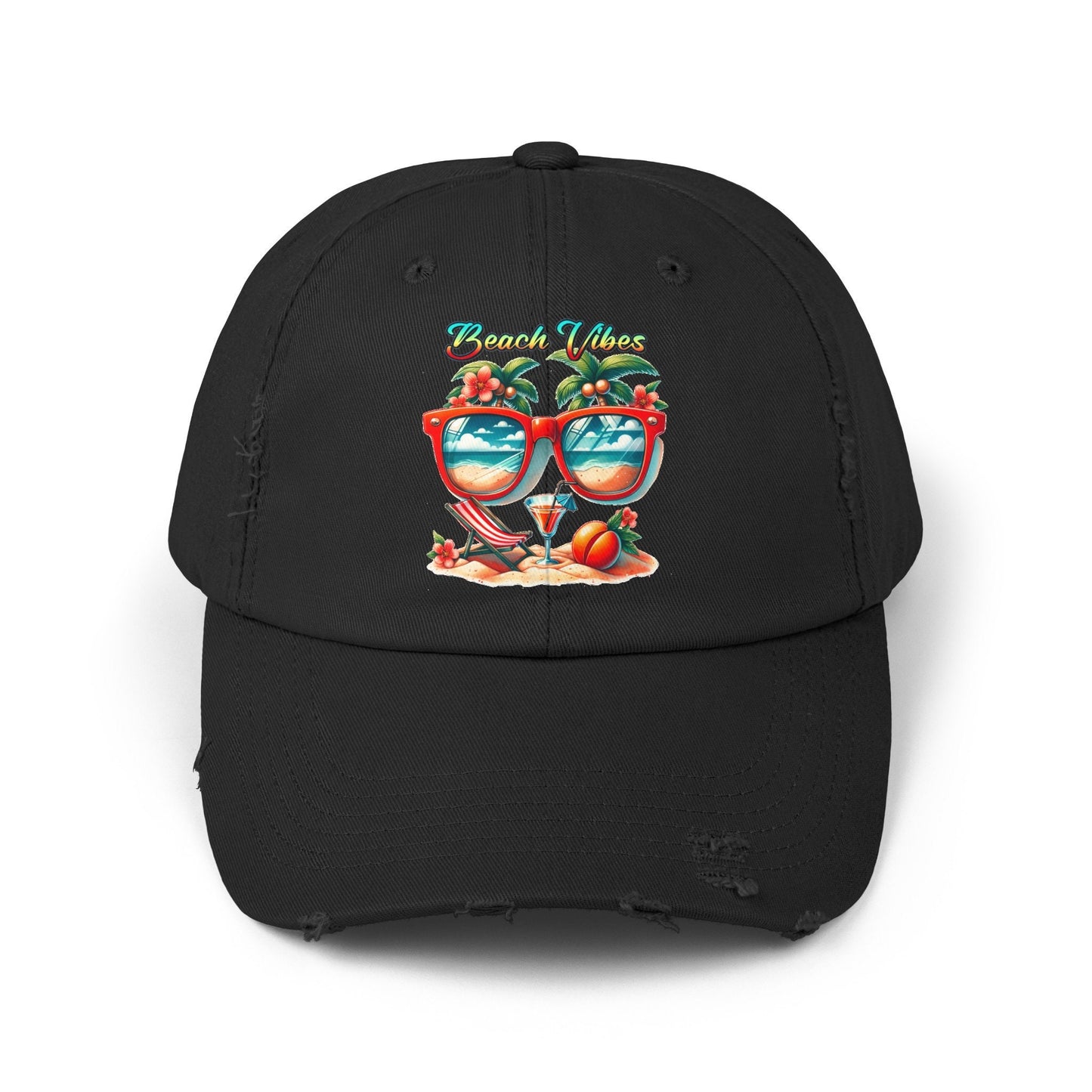Unisex Distressed Cap, Cool Beach Vibes Casual Summer Laid Back Head cap, Relaxing travel wear, Novelty everyday Golfing hat