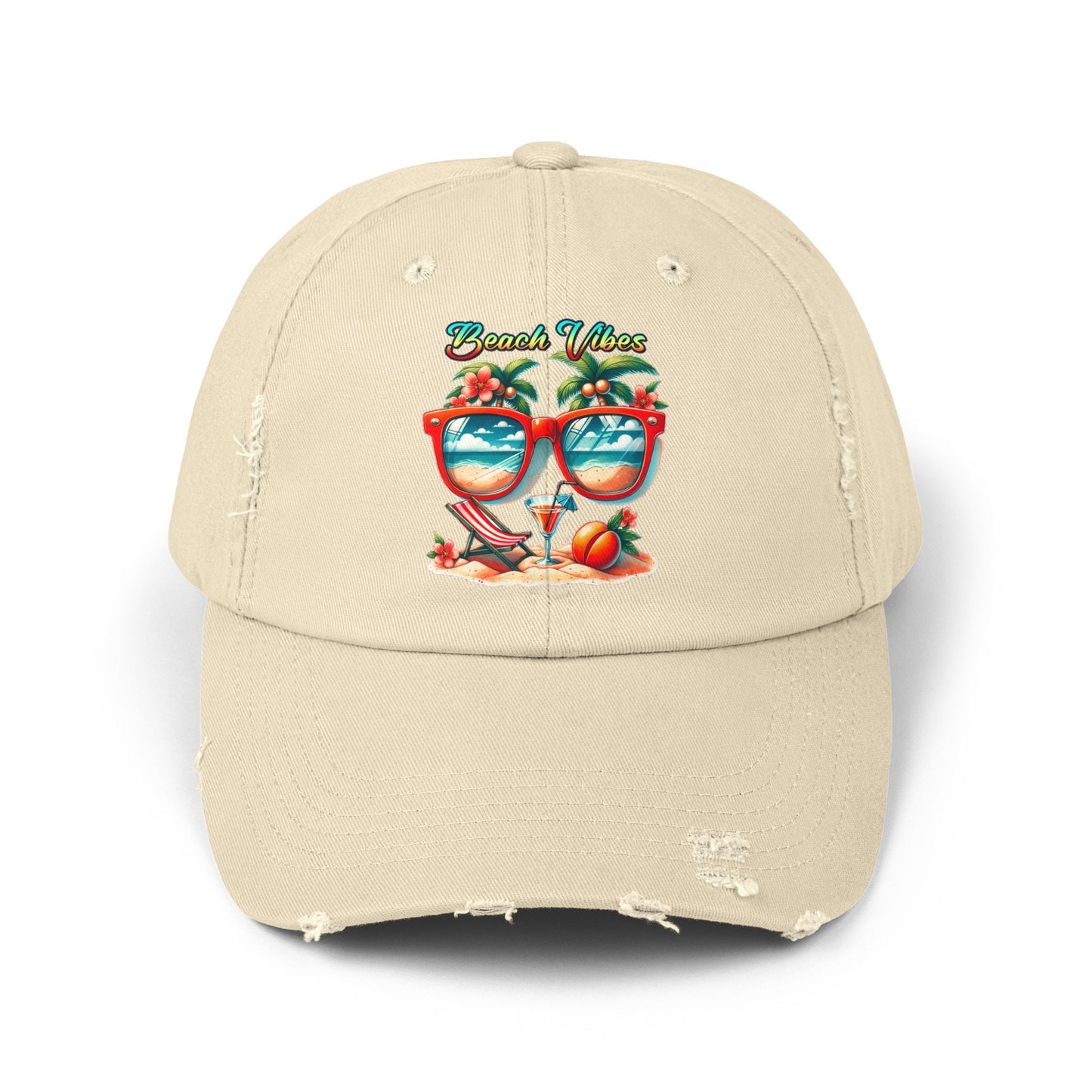Unisex Distressed Cap, Cool Beach Vibes Casual Summer Laid Back Head cap, Relaxing travel wear, Novelty everyday Golfing hat
