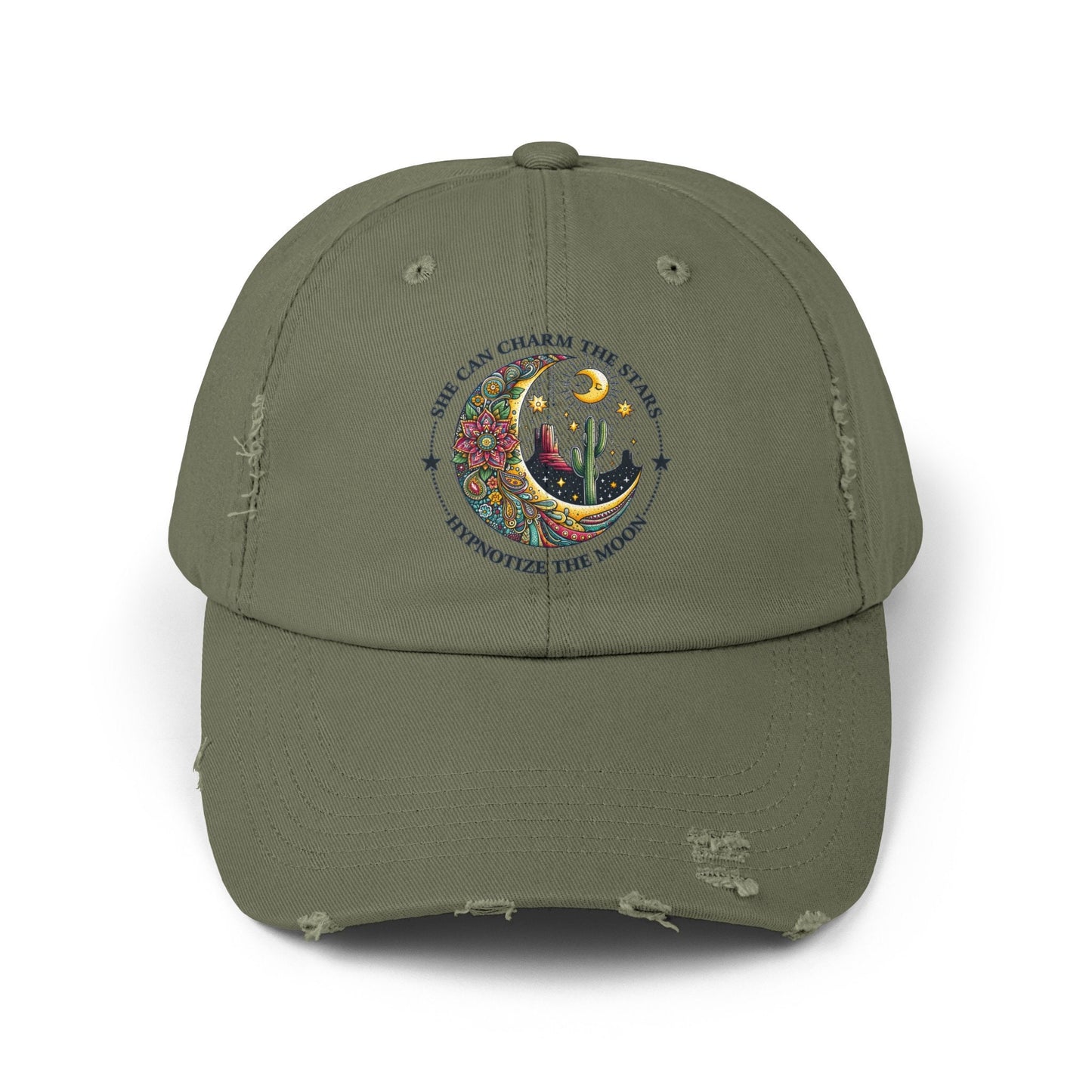 Unisex Distressed Cap, Female empowerment baseball cap, Celestial inspired designed casual hat, great female gift