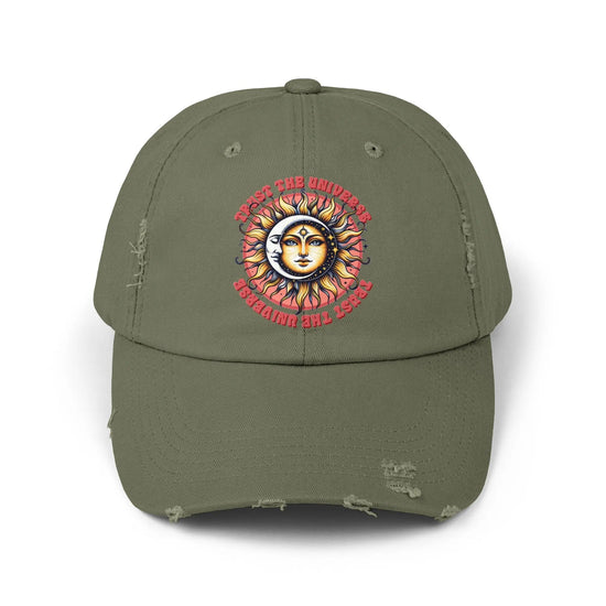 Unisex Distressed Cap, Universe Celestial baseball cap, Tarot Card hat, Mystical Moon Horoscope design, Casual everday hat The Aurora Touch