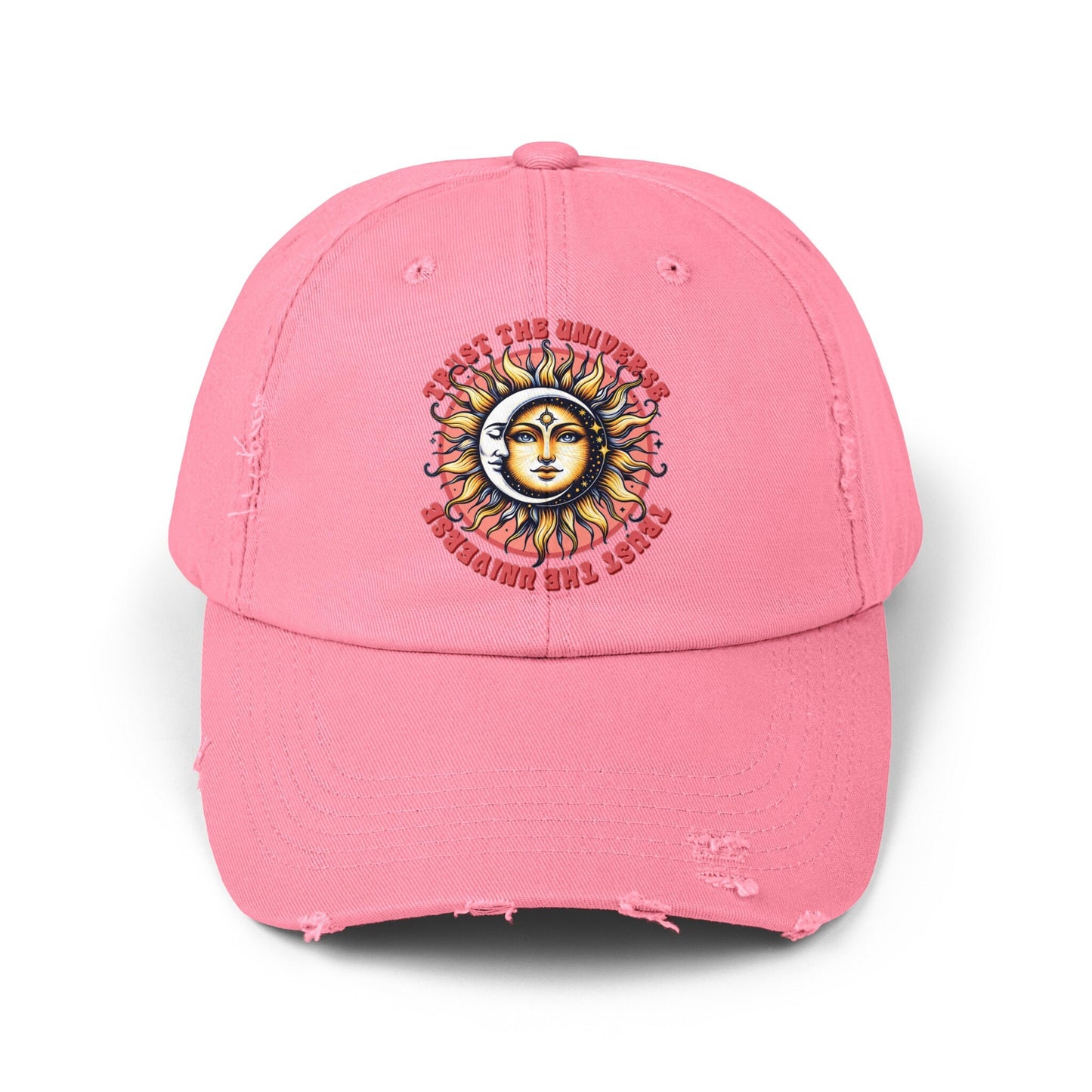Unisex Distressed Cap, Universe Celestial baseball cap, Tarot Card hat, Mystical Moon Horoscope design, Casual everday hat