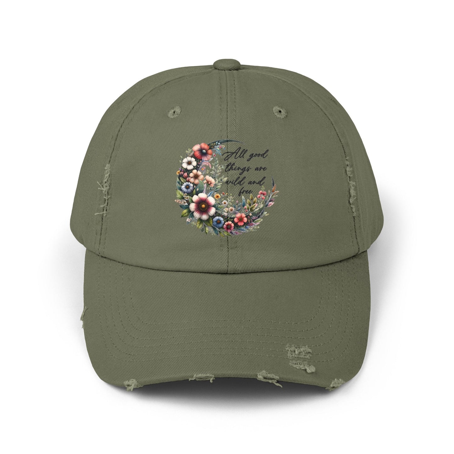 Unisex Distressed Cap, Floral Moon design baseball cap, Positive empowering clothing wear, uplifting female gift, Casual hat