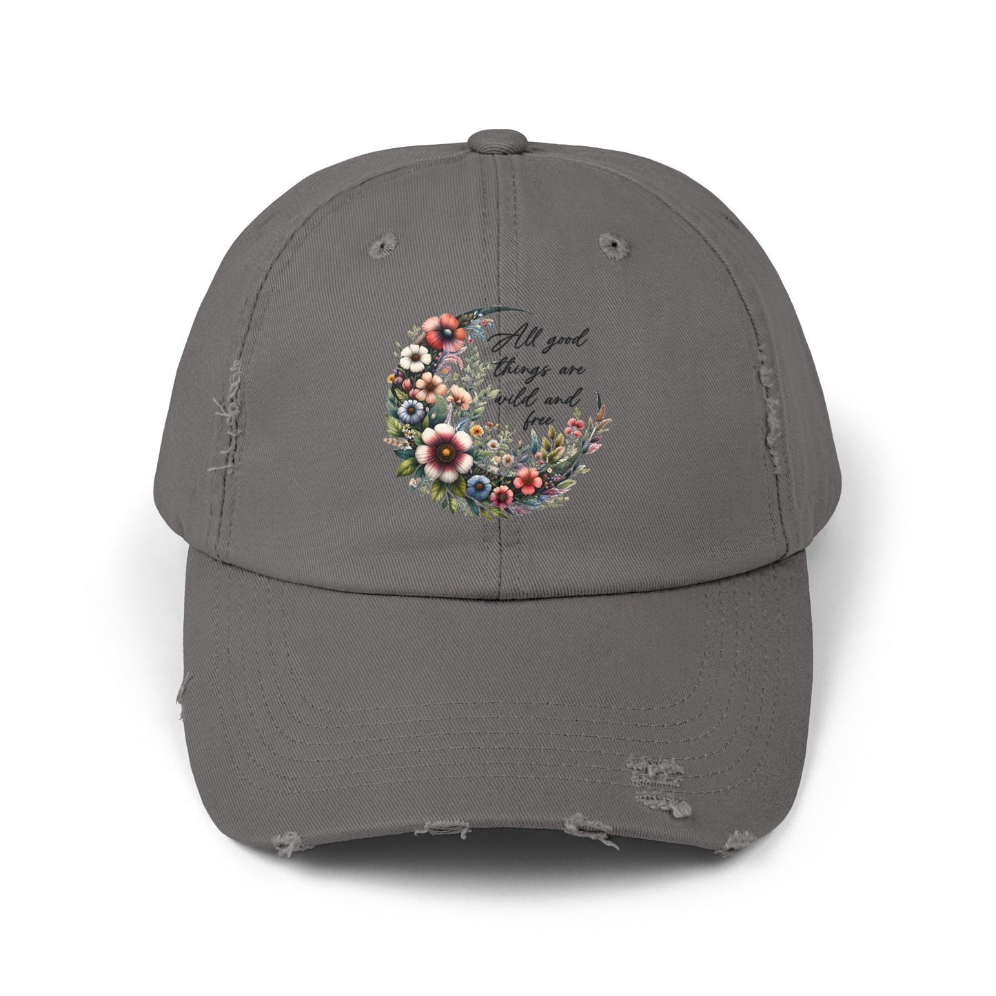 Unisex Distressed Cap, Floral Moon design baseball cap, Positive empowering clothing wear, uplifting female gift, Casual hat