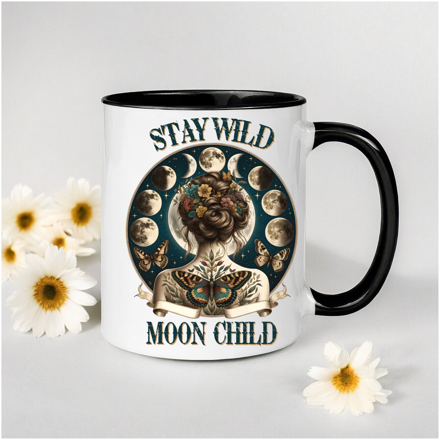 Colorful Mugs, 11oz, Moon Child Tarot Card Coffee Mug, Celestial Spiritual Art, Custom artistic everyday drinking cup, special gift item