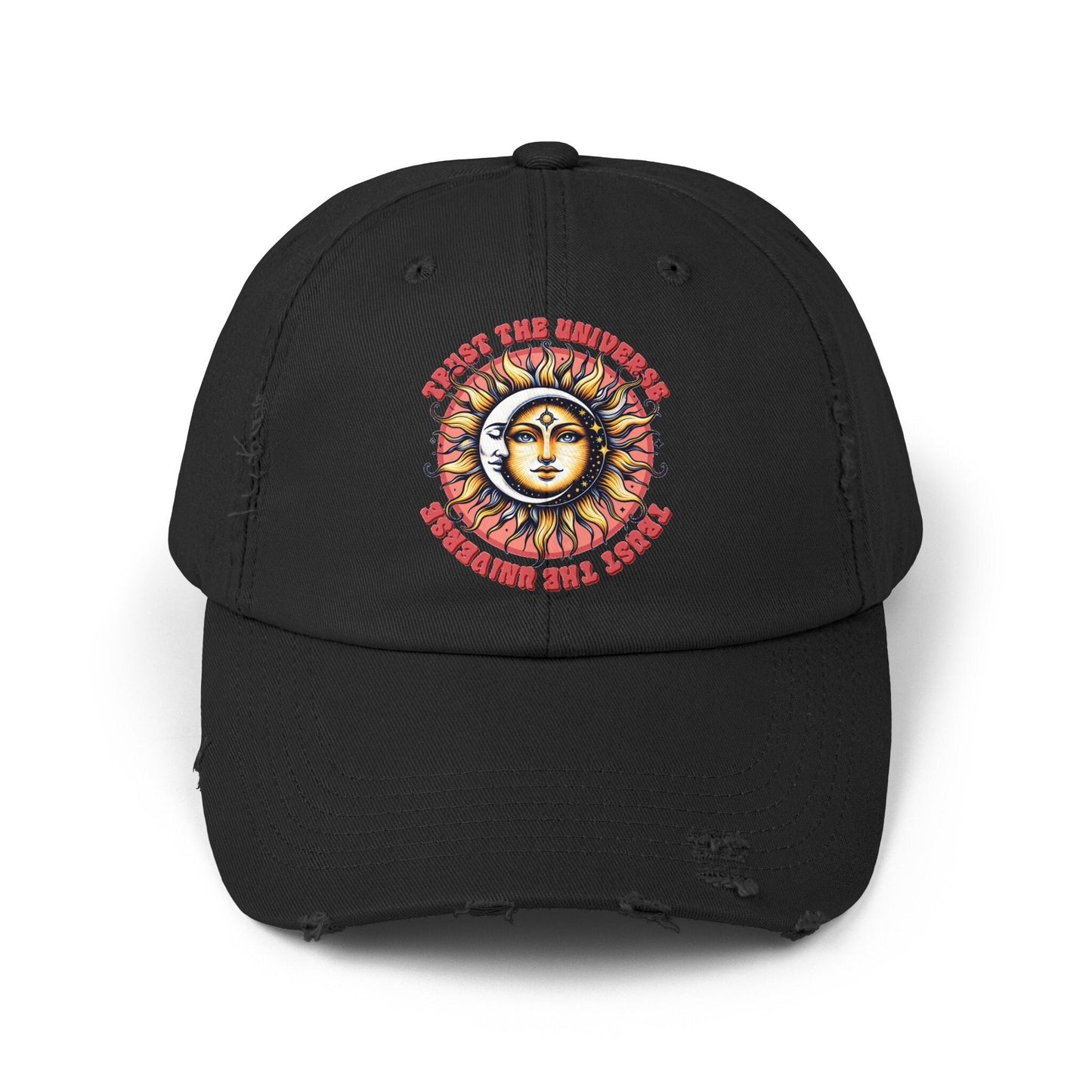 Unisex Distressed Cap, Universe Celestial baseball cap, Tarot Card hat, Mystical Moon Horoscope design, Casual everday hat