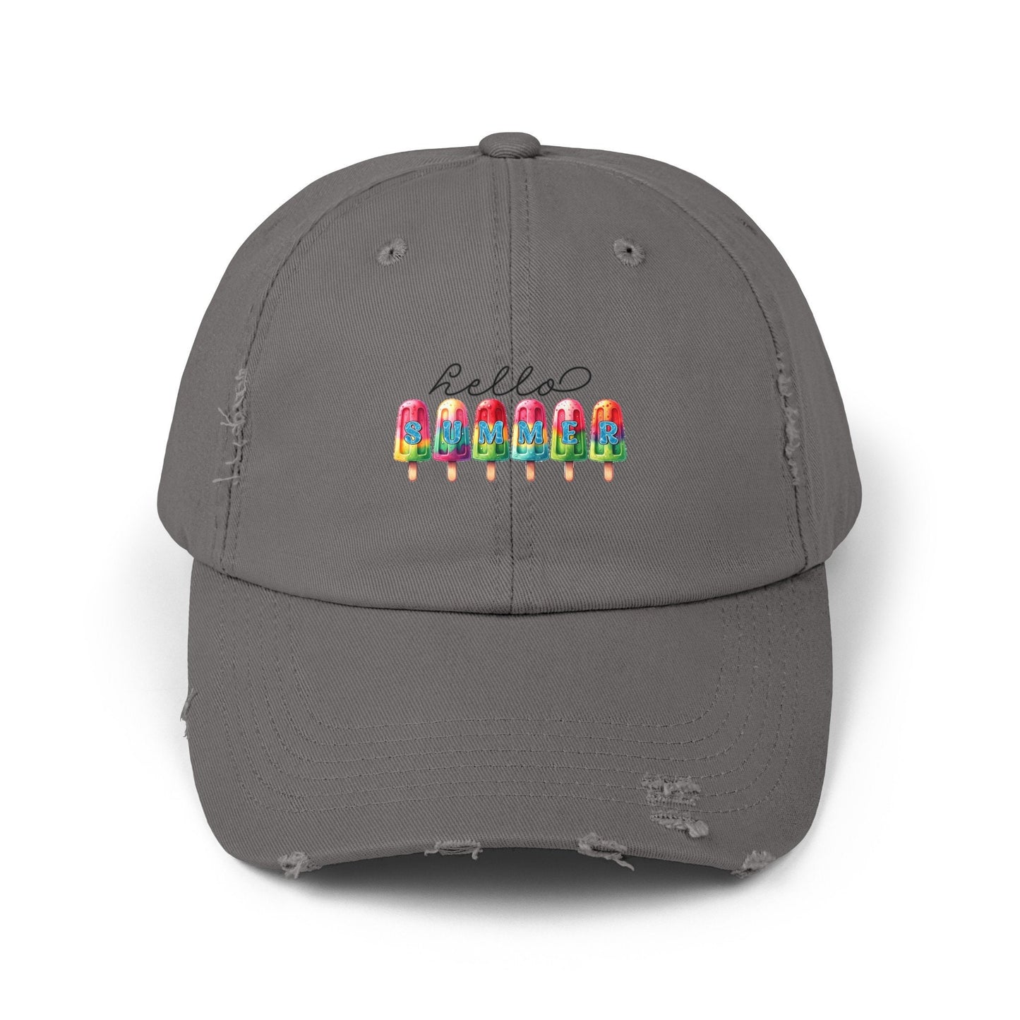 Unisex Distressed Cap, hello summer novelty colorful head cap, daily casual hair cap, Summer Golfing Hat, Everyday casual wear