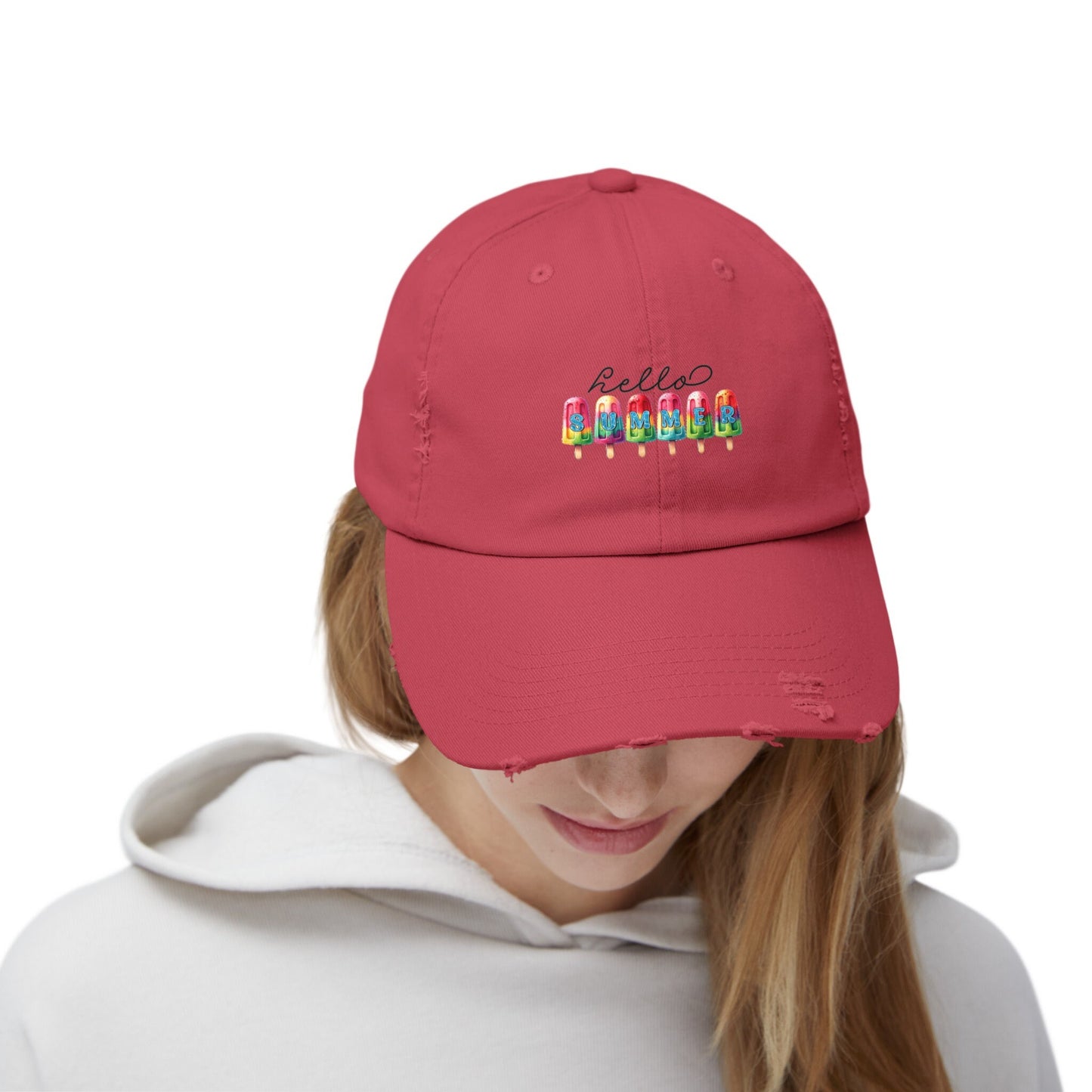 Unisex Distressed Cap, hello summer novelty colorful head cap, daily casual hair cap, Summer Golfing Hat, Everyday casual wear