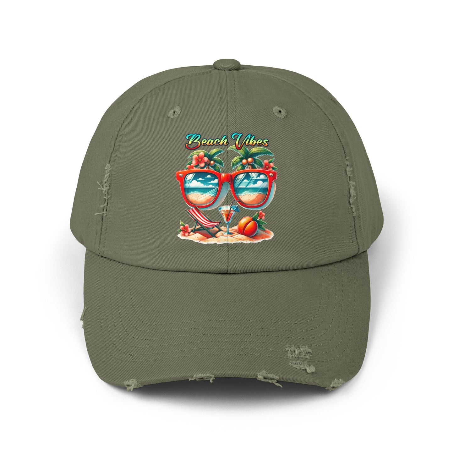 Unisex Distressed Cap, Cool Beach Vibes Casual Summer Laid Back Head cap, Relaxing travel wear, Novelty everyday Golfing hat