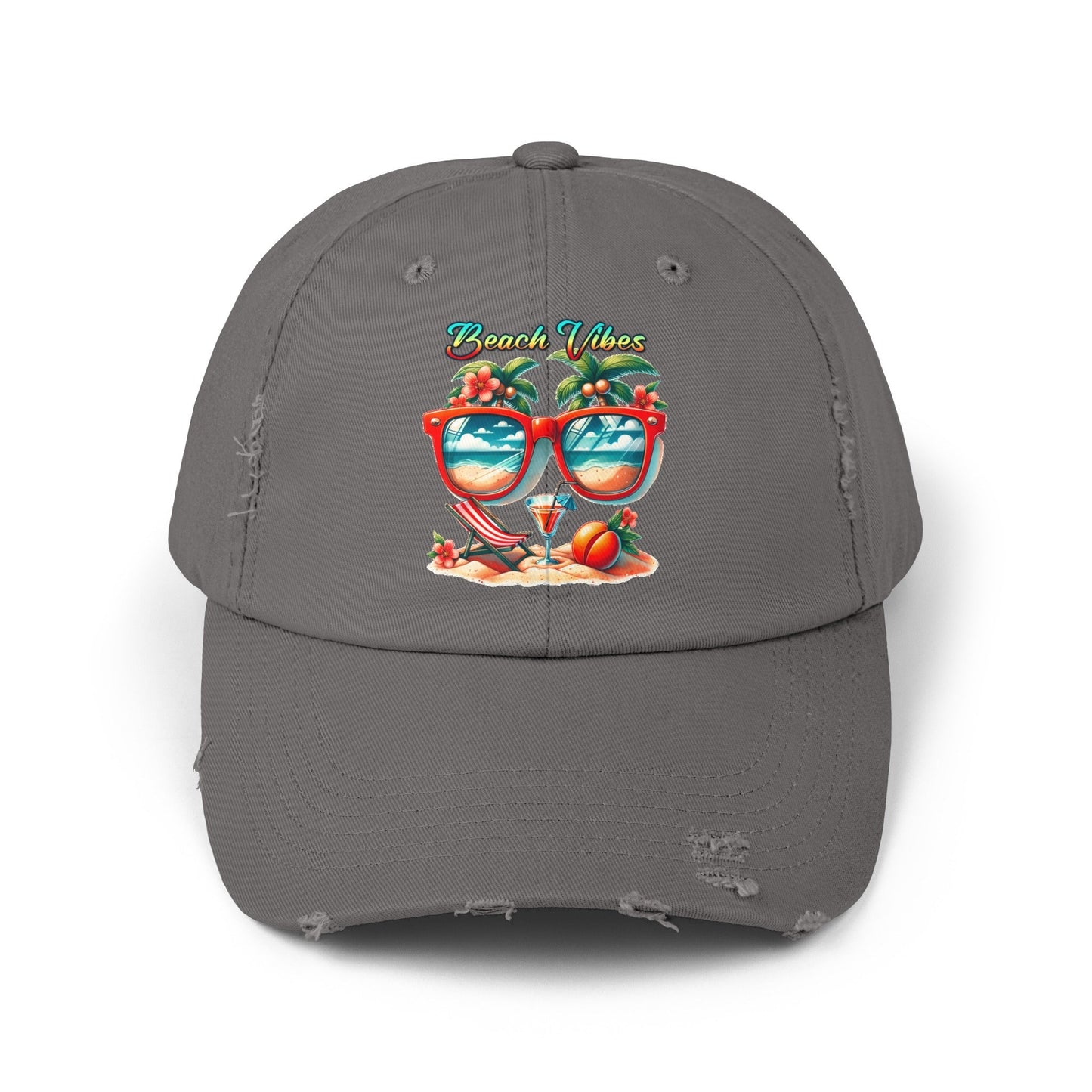 Unisex Distressed Cap, Cool Beach Vibes Casual Summer Laid Back Head cap, Relaxing travel wear, Novelty everyday Golfing hat