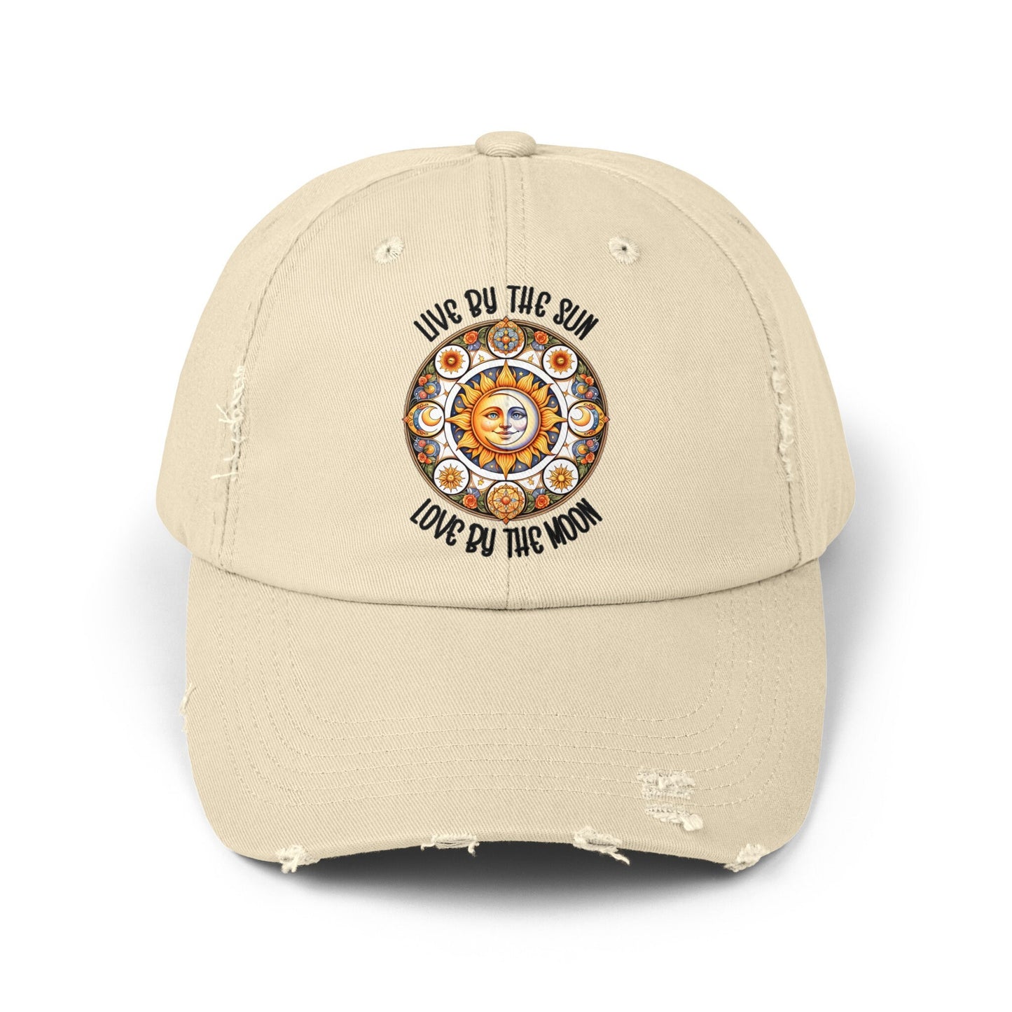 Unisex Distressed Cap, Moon Tarot Inspired designed hat, Celestial designed baseball cap, All Gender baseball hat, Stylish everyday wear