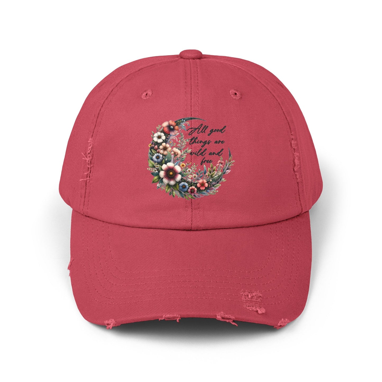 Unisex Distressed Cap, Floral Moon design baseball cap, Positive empowering clothing wear, uplifting female gift, Casual hat