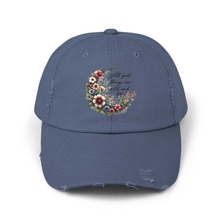 Unisex Distressed Cap, Floral Moon design baseball cap, Positive empowering clothing wear, uplifting female gift, Casual hat The Aurora Touch