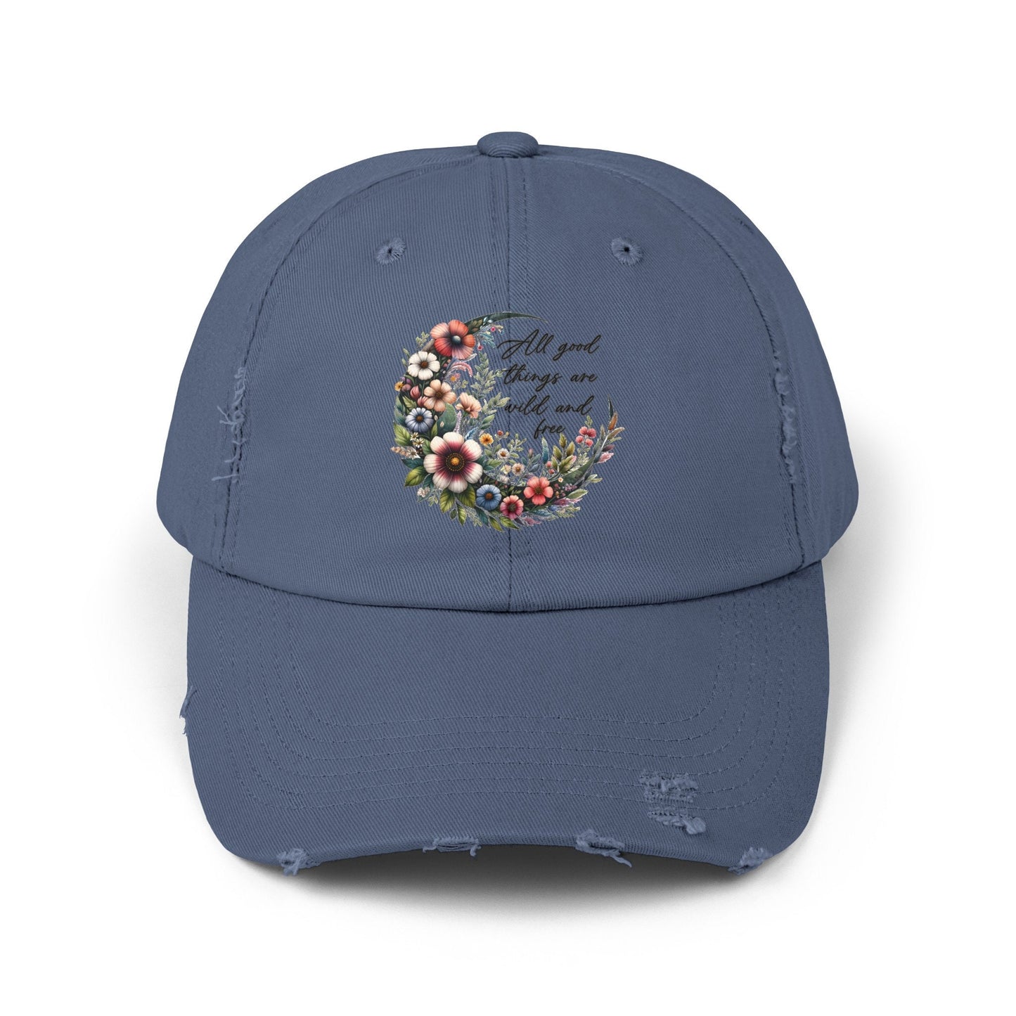 Unisex Distressed Cap, Floral Moon design baseball cap, Positive empowering clothing wear, uplifting female gift, Casual hat