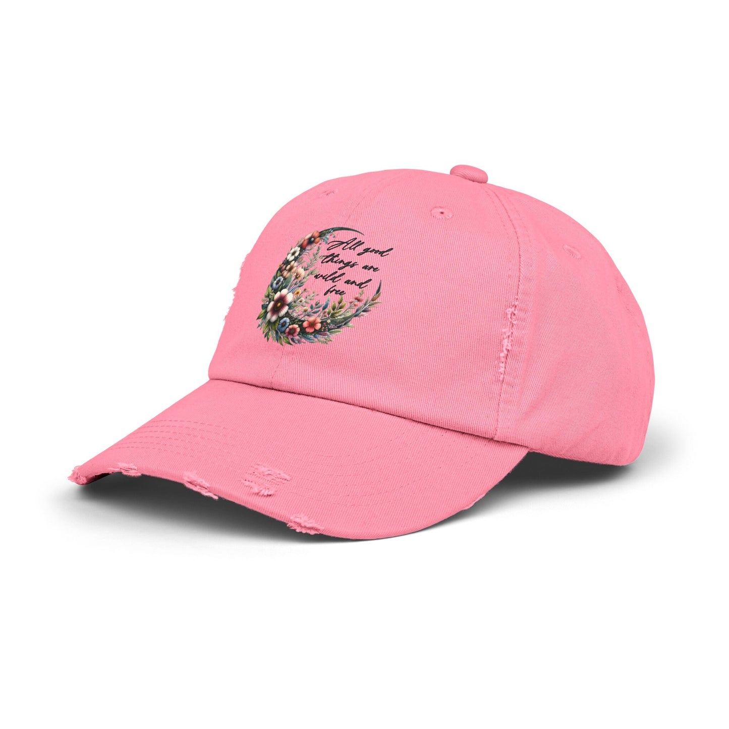 Unisex Distressed Cap, Floral Moon design baseball cap, Positive empowering clothing wear, uplifting female gift, Casual hat