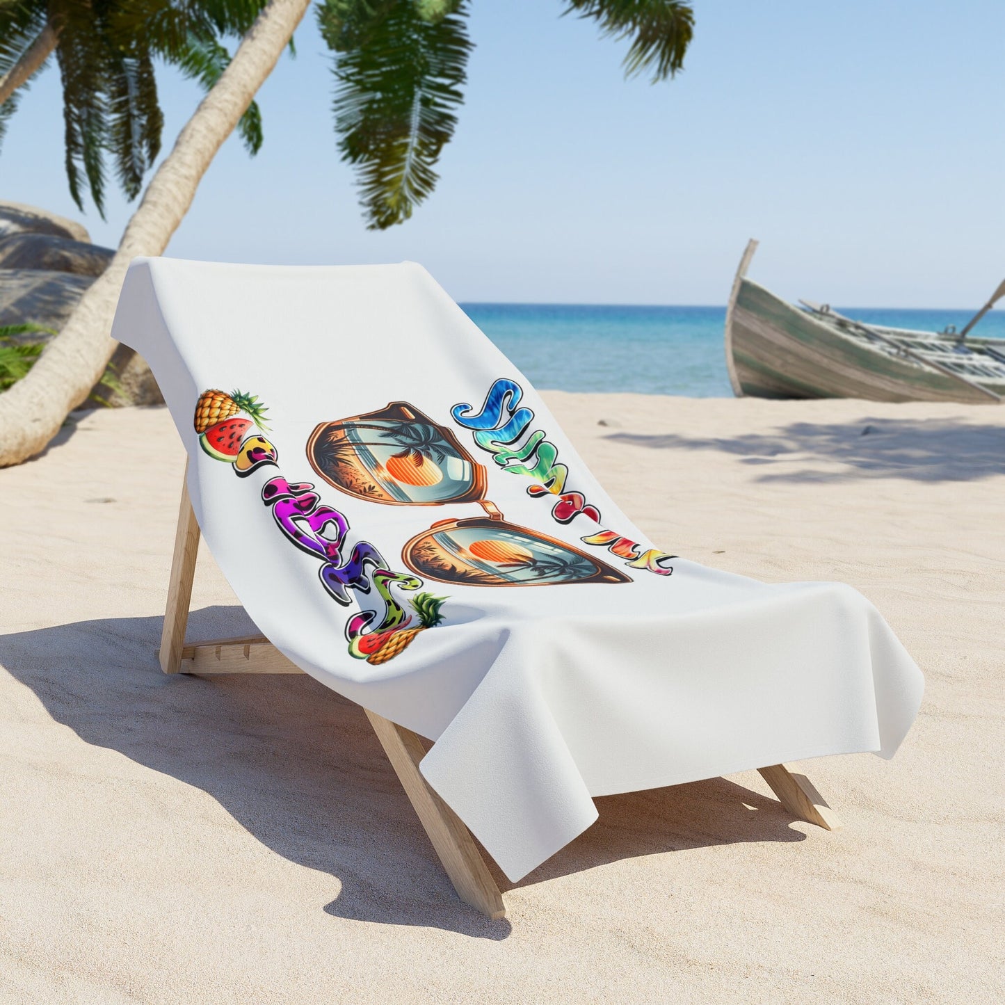 Beach Towel, Summer Vibes White oversized colorful Every Day Fun Travel Beach Towel