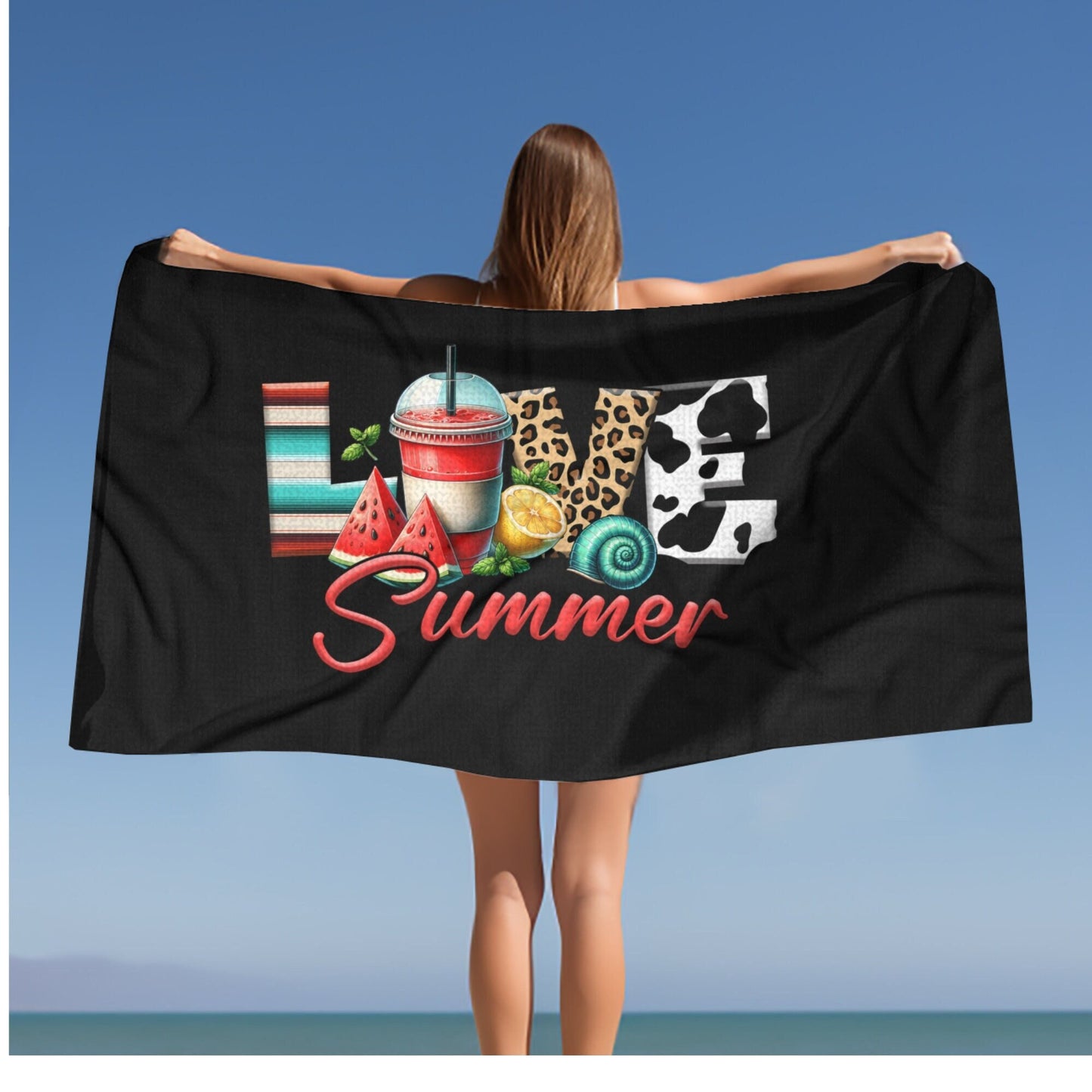 Beach Towel, Summer Love Black Everyday Colorful Large Terry Cloth Lush Fun Beach Sand Towel