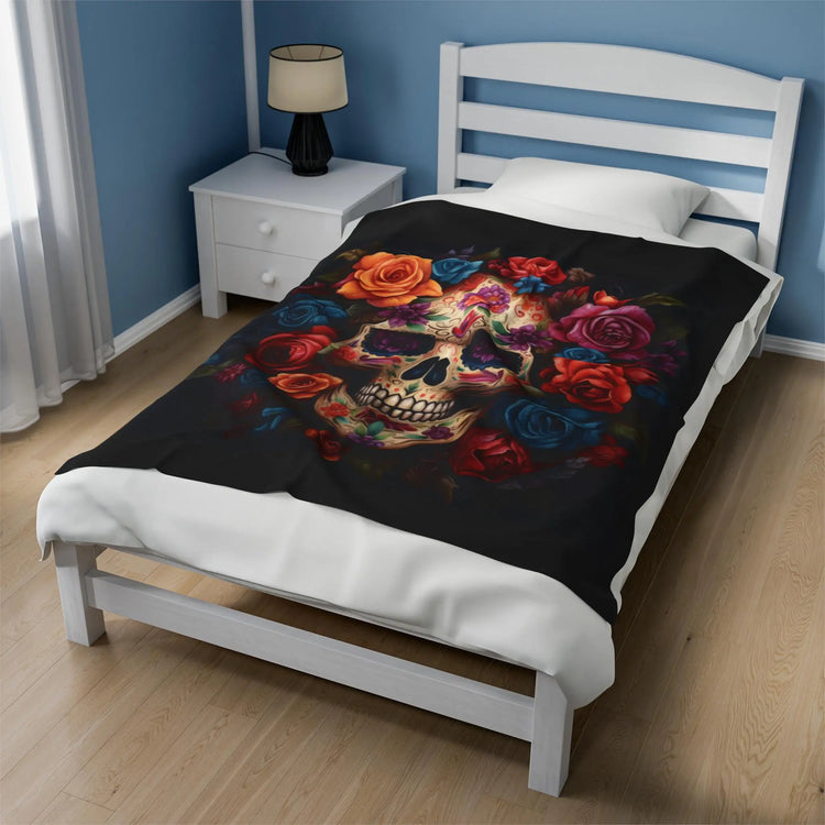 Velveteen Blanket, Day of the Dead Dia de los Muertos traditional sugar skull spooky gothic Halloween fashion cozy couch bed throw blanket The Aurora Touch