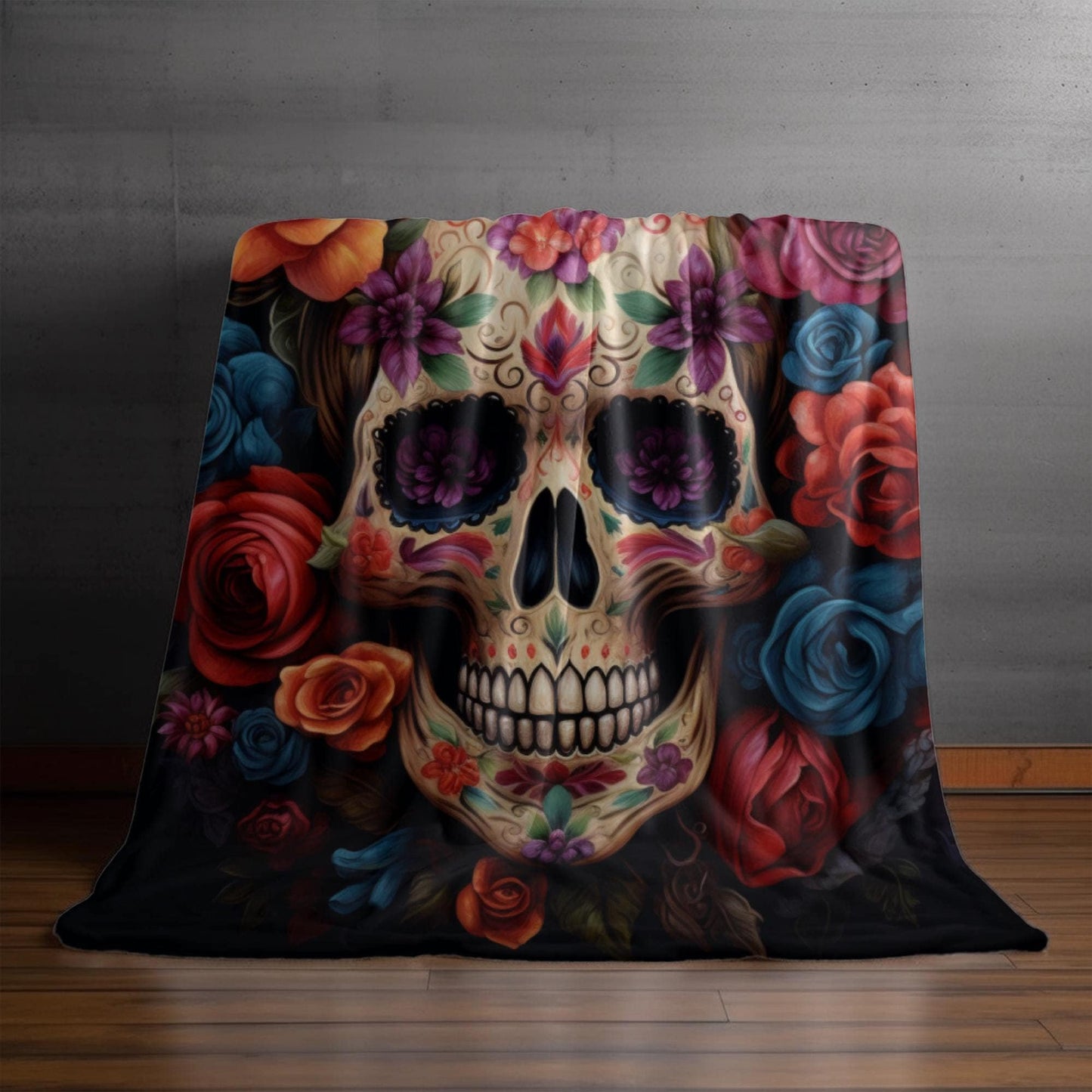 Velveteen Blanket, Day of the Dead Dia de los Muertos traditional sugar skull spooky gothic Halloween fashion cozy couch bed throw blanket