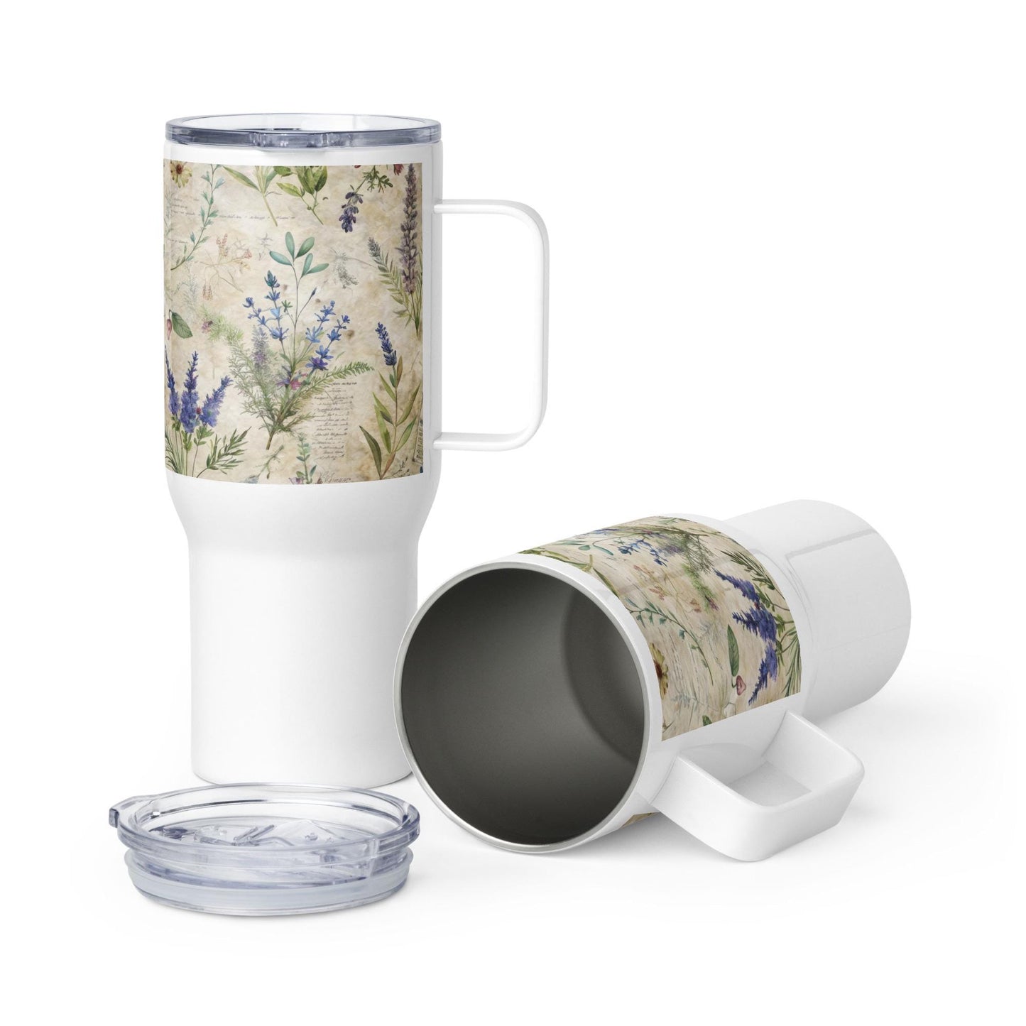 Taza de viaje con asa, diseño con estampado floral de lavanda, ideal para agua, café, té, coche y viaje, ideal para la oficina y la vuelta al cole.