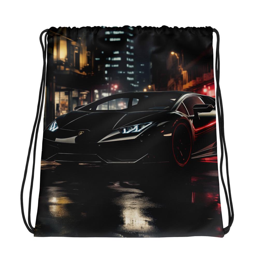 Drawstring bag, black lamborghini exotic fast car vibrant portrait display backpack computer booksak for school work gym or travel