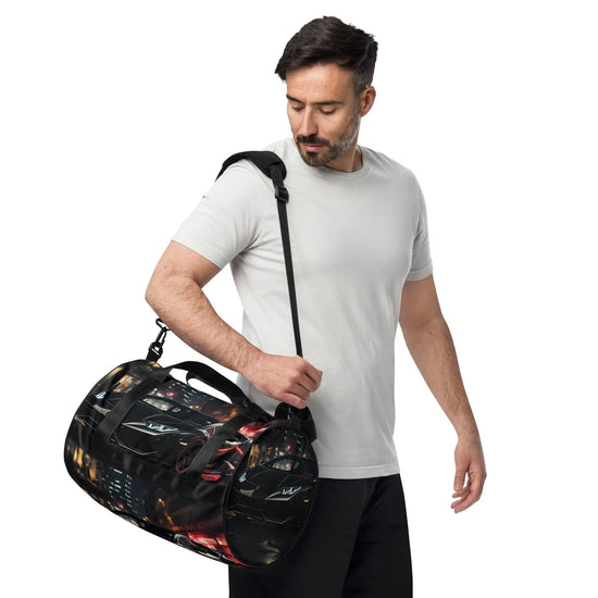 All-over print gym bag, black matte lamborghini exotic car back to school fashion fitness boxing running track workout class duffle bag The Aurora Touch