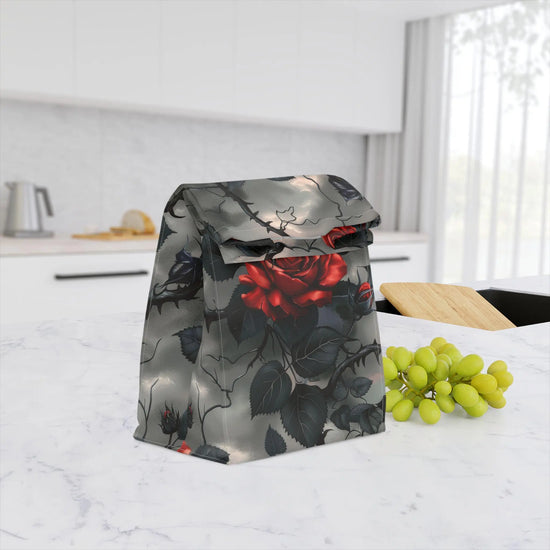 Polyester Lunch Bag, Red rose black thorn gothic style fashion casual everyday work school play sack lunch water resistant tote The Aurora Touch