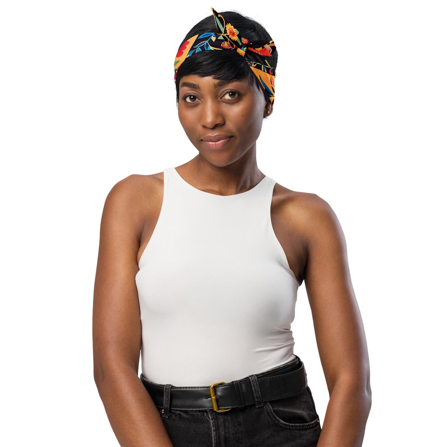 All-over print bandana, pretty crochet floral design print multifunction everyday school work home stylish minimilist kerchief wrap bandana