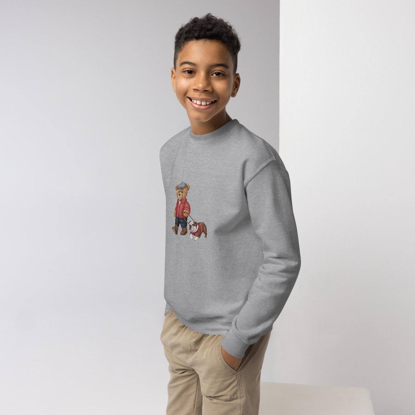 Youth crewneck sweatshirt, back to school cute Teddy Bear stylish child school fashion soft fleece casual everyday sweater for the young