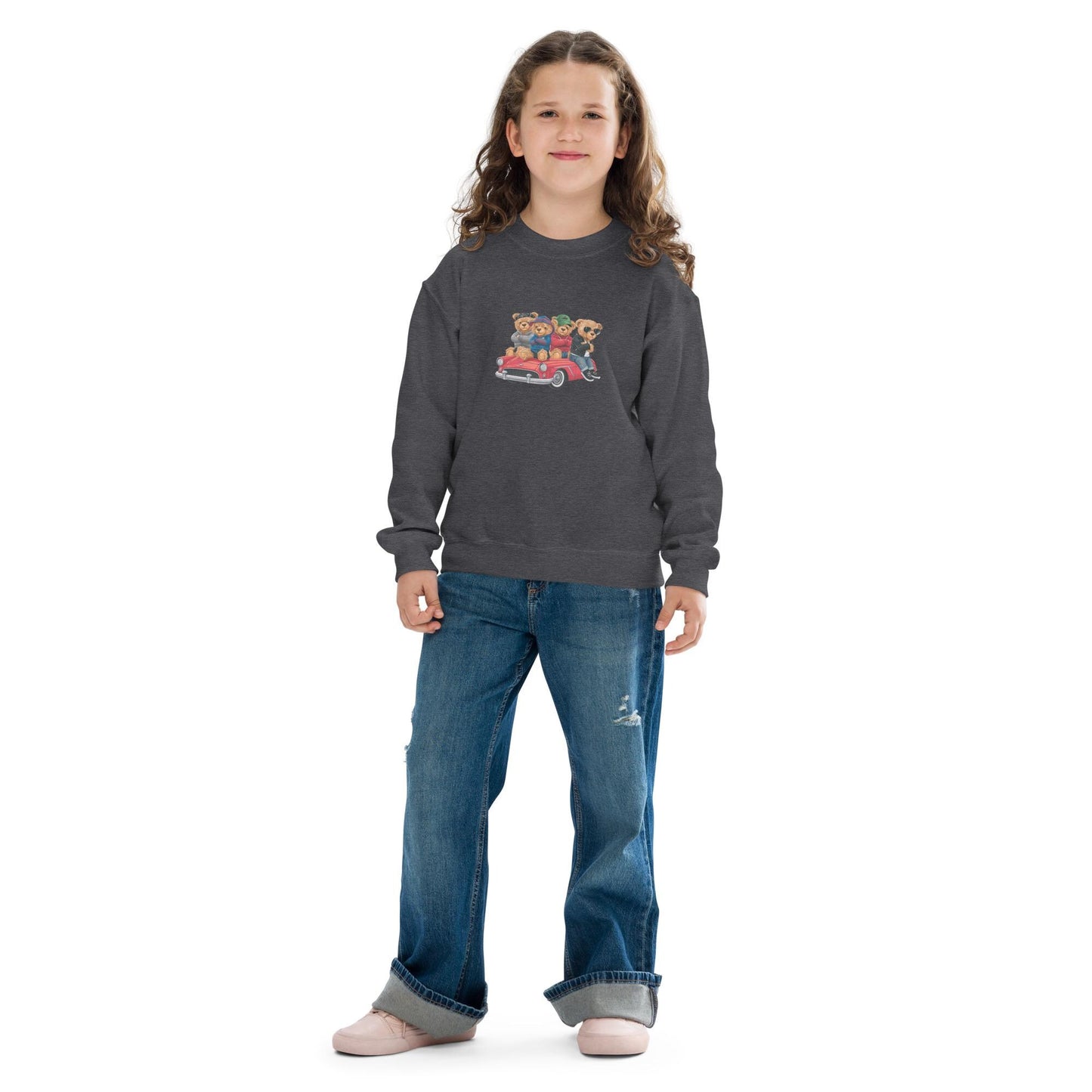 Youth crewneck sweatshirt, Teddy Bears in a car cool cozy casual school yard play time classroom casual dinner school trip kid child sweater