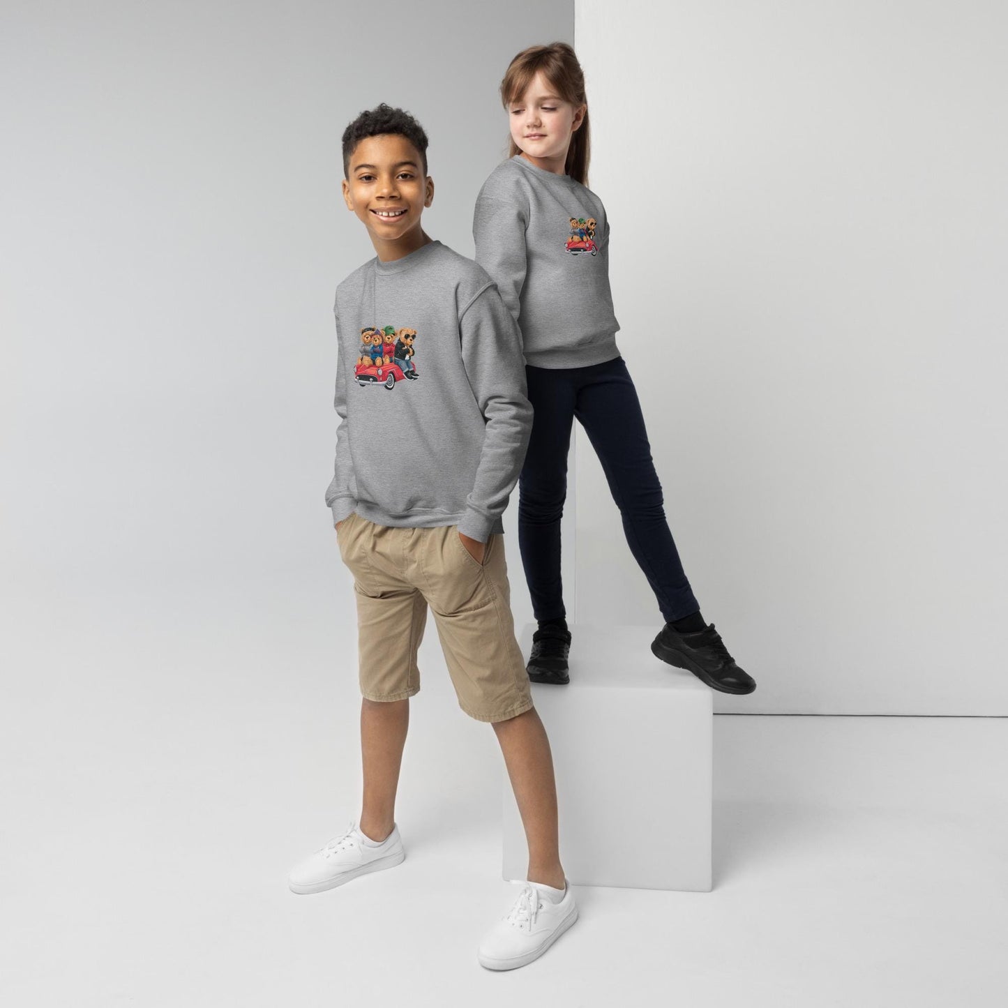 Youth crewneck sweatshirt, Teddy Bears in a car cool cozy casual school yard play time classroom casual dinner school trip kid child sweater