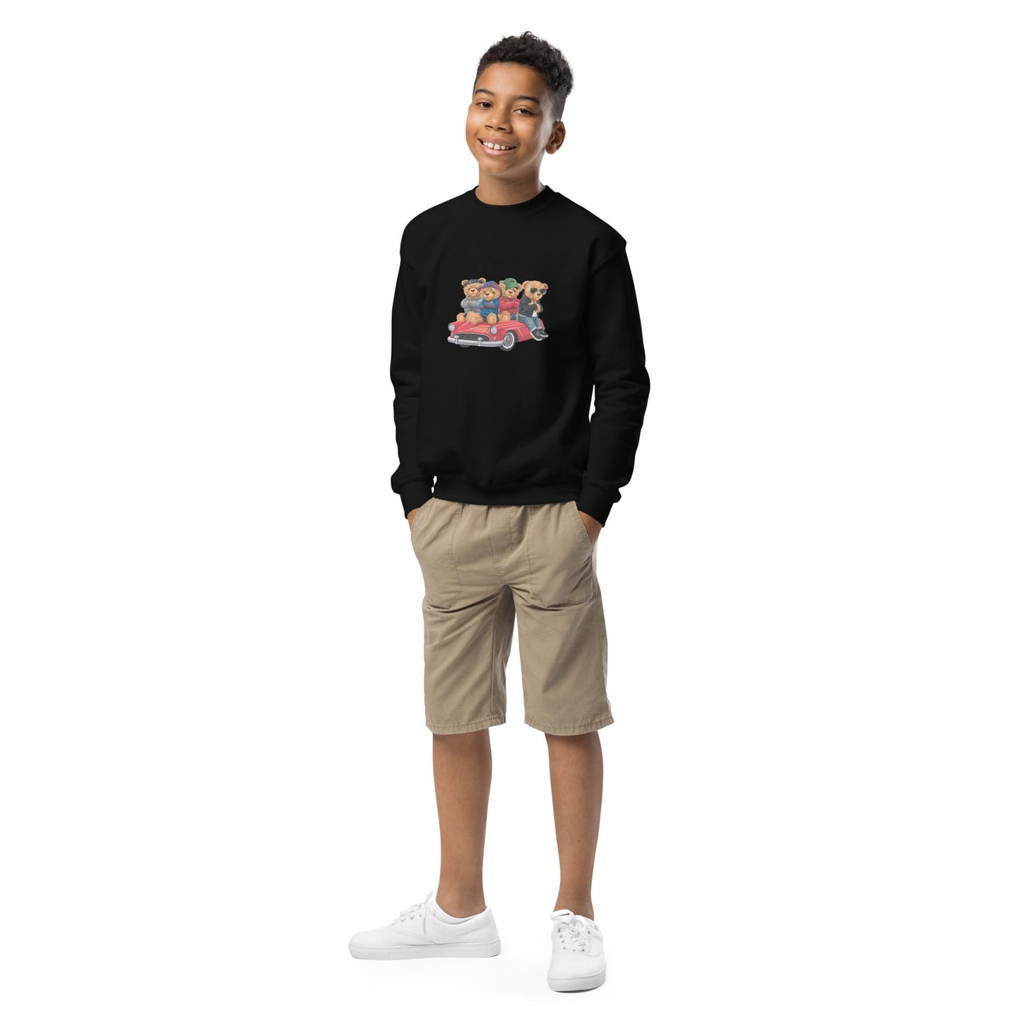 Youth crewneck sweatshirt, Teddy Bears in a car cool cozy casual school yard play time classroom casual dinner school trip kid child sweater