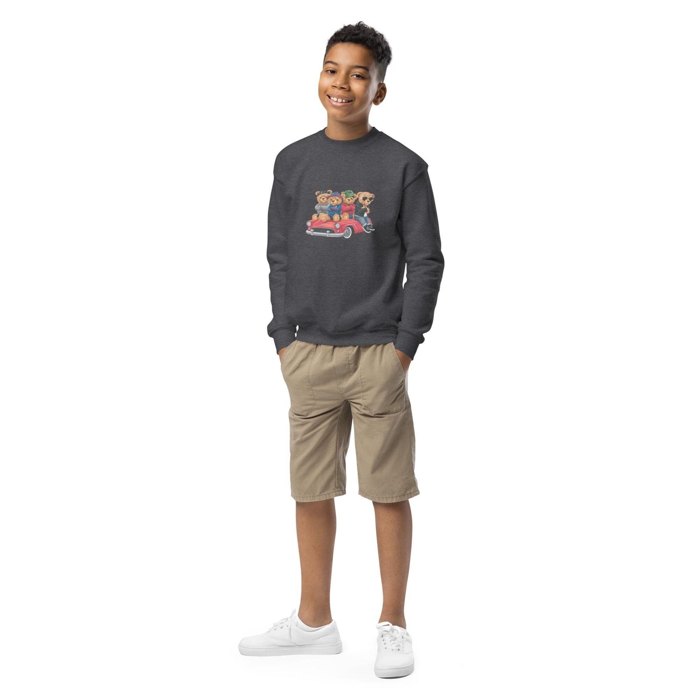 Youth crewneck sweatshirt, Teddy Bears in a car cool cozy casual school yard play time classroom casual dinner school trip kid child sweater