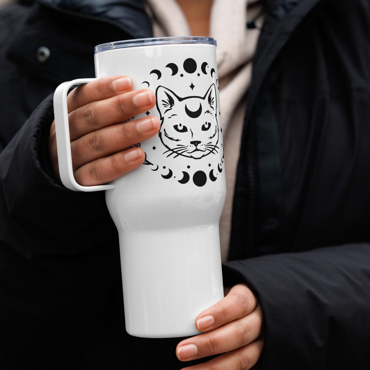 Taza de viaje con asa, diseño de gato celestial y luna, resistente, elegante y para uso diario, para café, agua y coche.