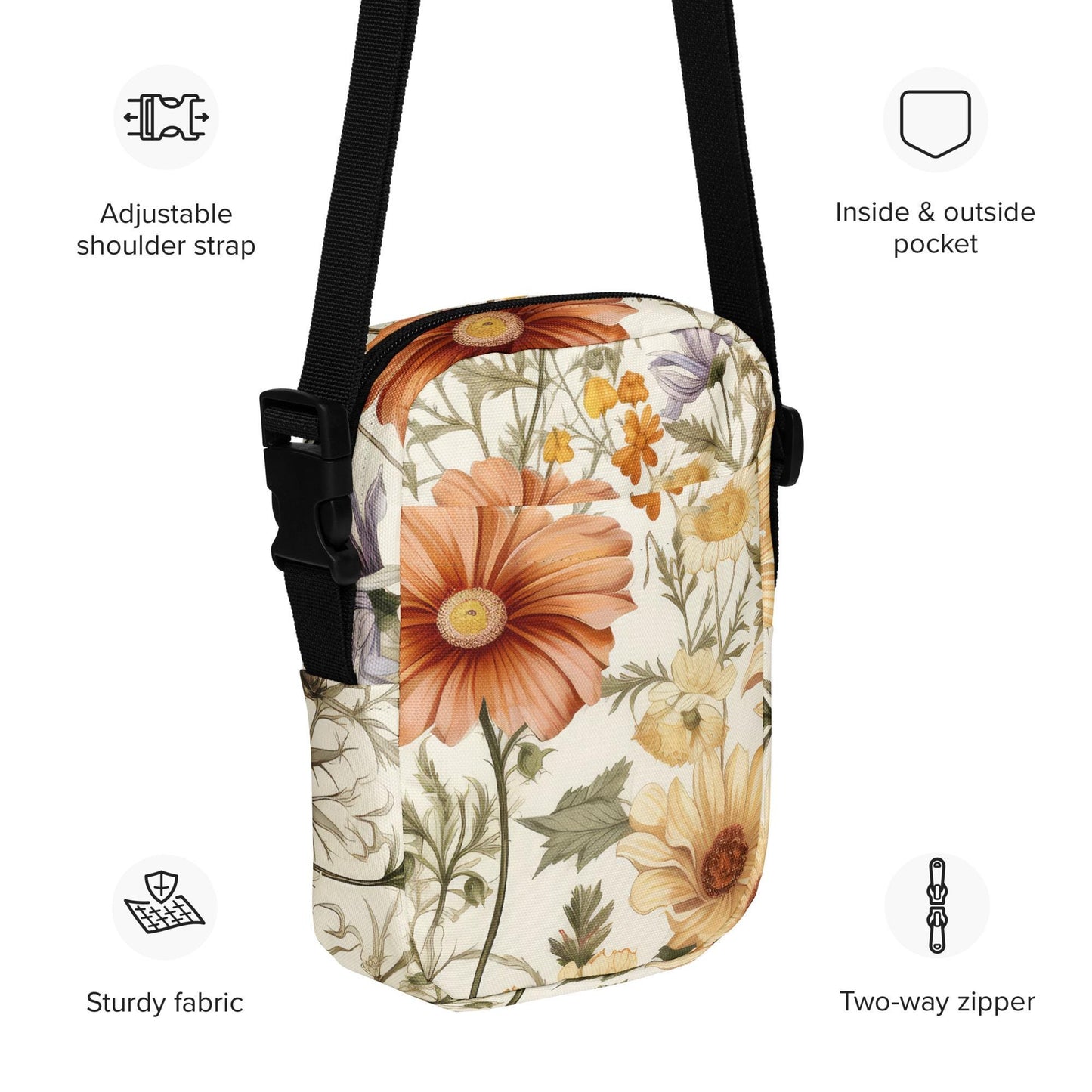Bolso bandolera utilitario, bonito estampado floral, para primavera, verano e invierno, para todas las ocasiones, para uso diario, resistente, con correa ajustable y cremallera, bolso informal.