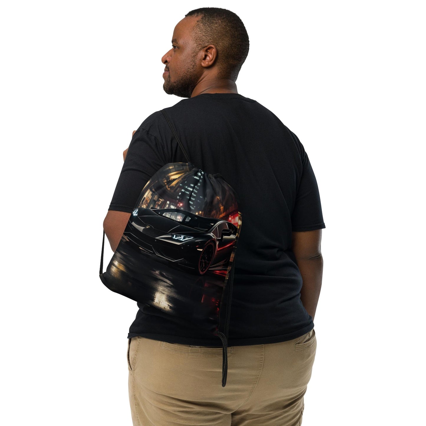 Drawstring bag, black lamborghini exotic fast car vibrant portrait display backpack computer booksak for school work gym or travel