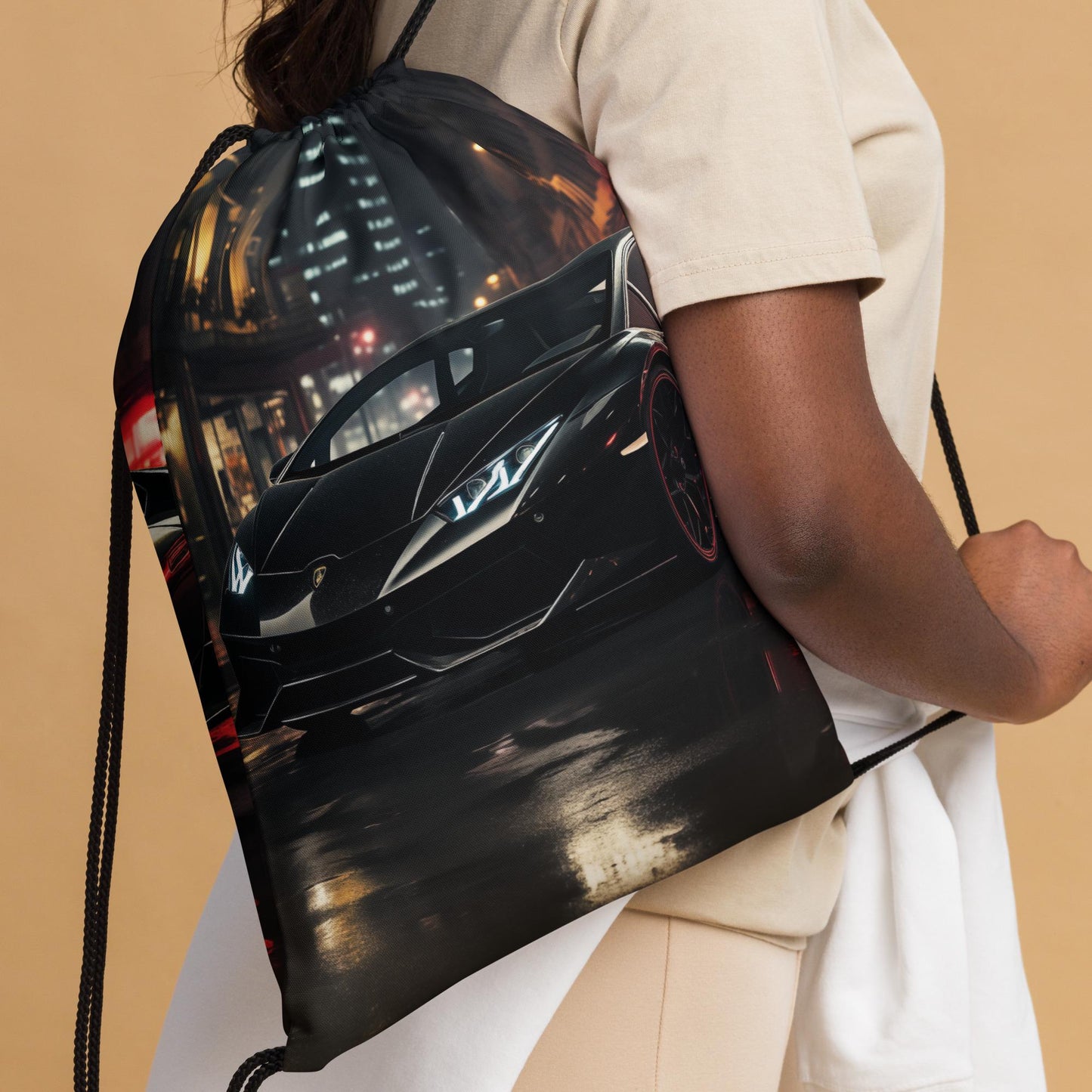 Drawstring bag, black lamborghini exotic fast car vibrant portrait display backpack computer booksak for school work gym or travel