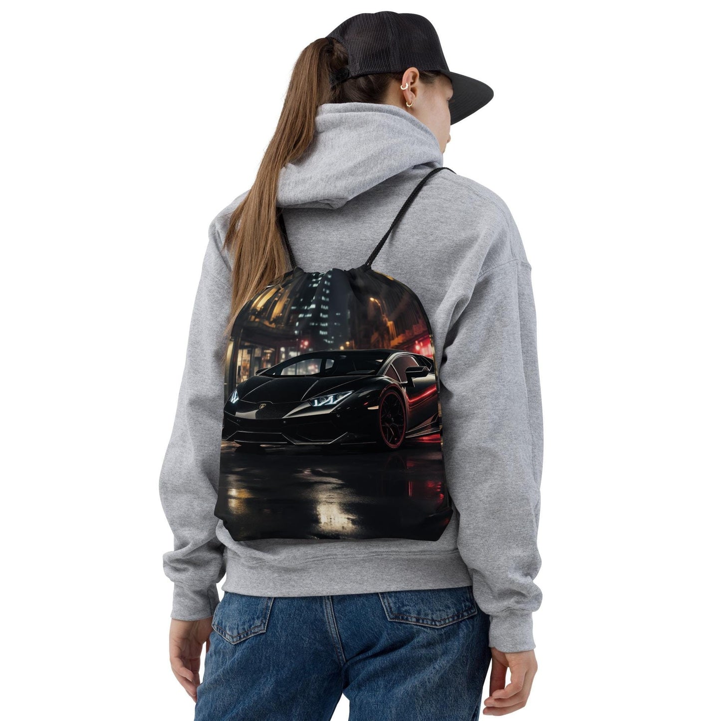 Drawstring bag, black lamborghini exotic fast car vibrant portrait display backpack computer booksak for school work gym or travel