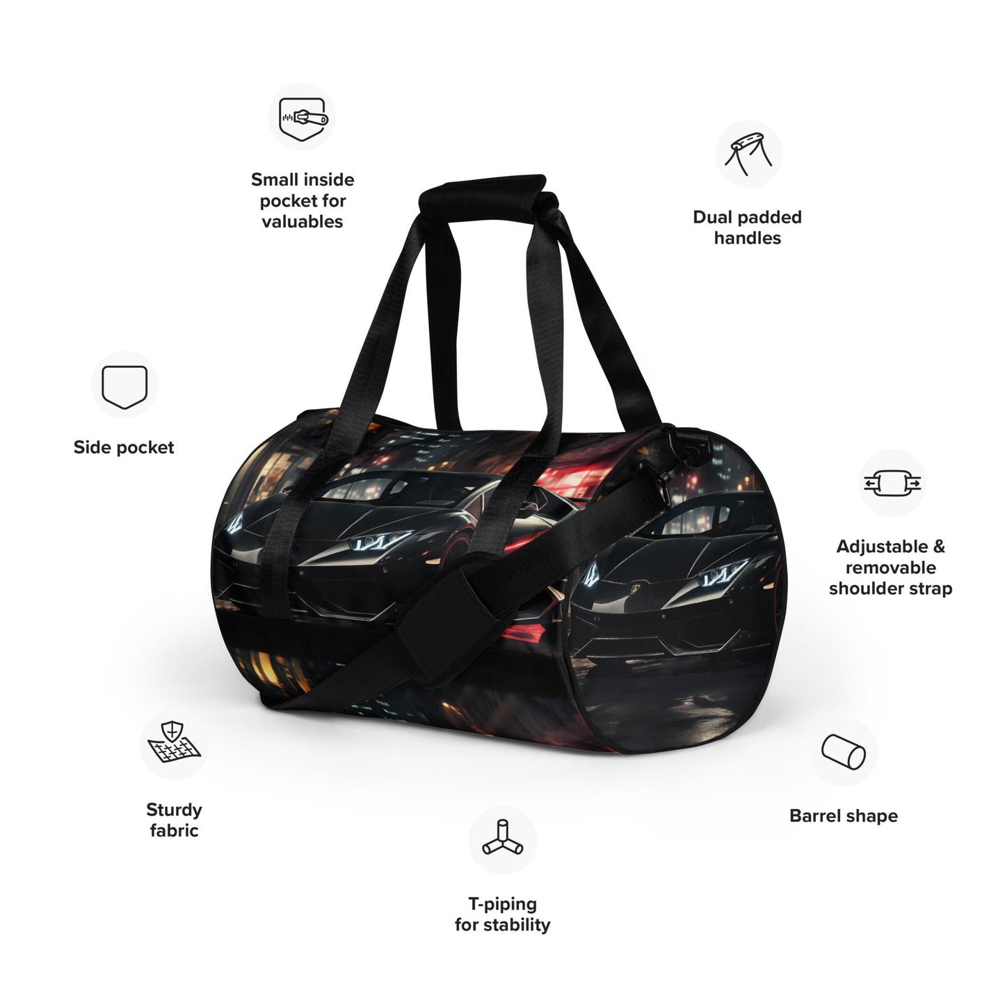 All-over print gym bag, black matte lamborghini exotic car back to school fashion fitness boxing running track workout class duffle bag