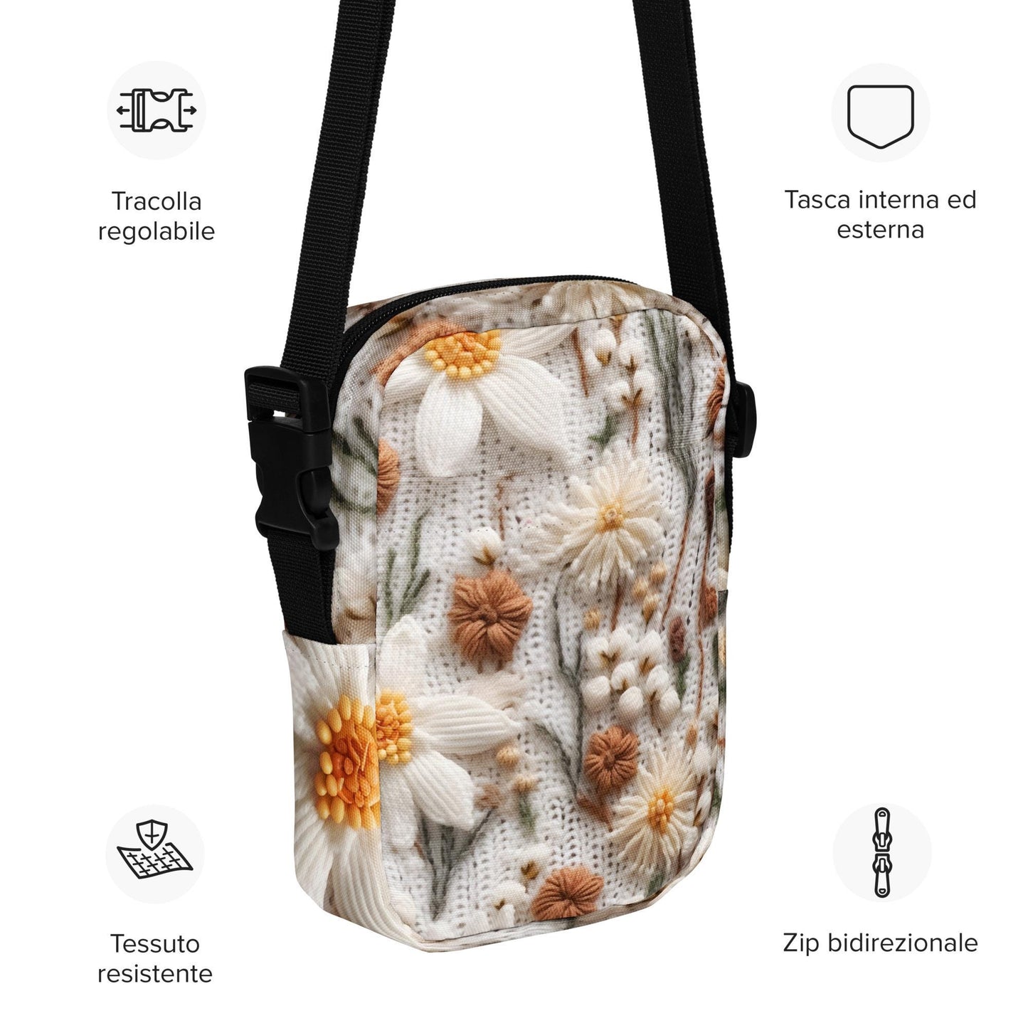 Bolso bandolera utilitario con diseño de estampado floral estilo crochet 3D, duradero, resistente al agua, minimalista, para uso diario, para la escuela y la oficina.